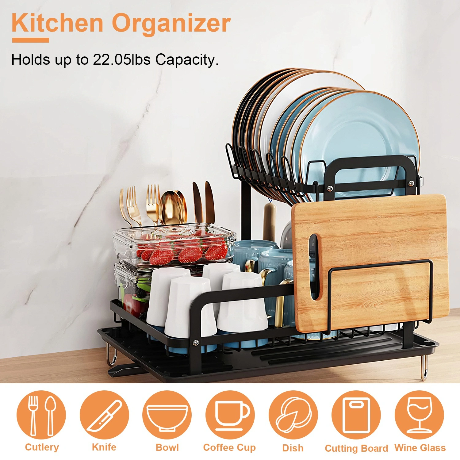2-Tier Dish Drying Rack 16.65x14.57x13.11in Kitchen Dish Rack with Drainboard Utensil Holder Bowl Rack view 3