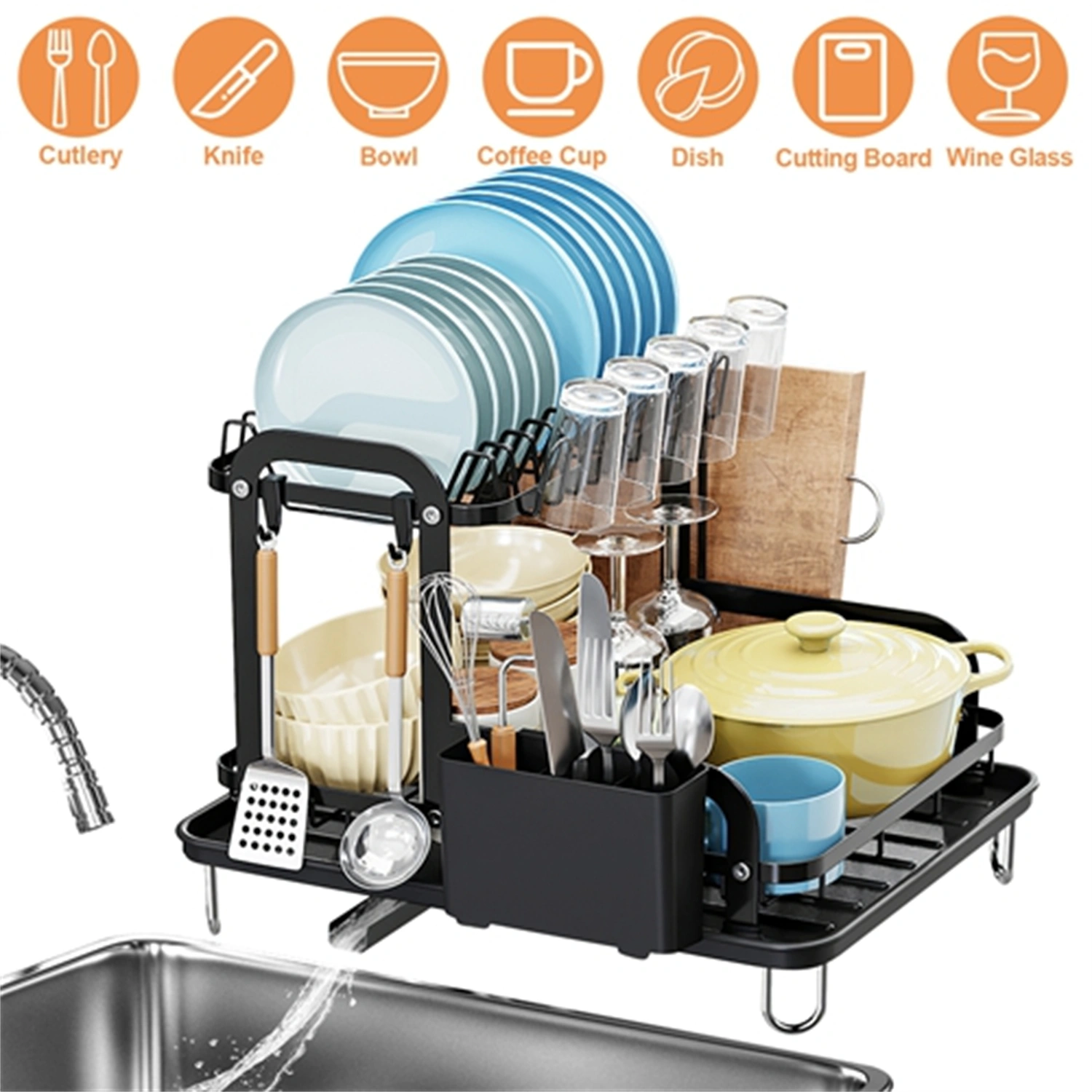2-Tier Dish Drying Rack 16.65x14.57x13.11in Kitchen Dish Rack with Drainboard Utensil Holder Bowl Rack view 4