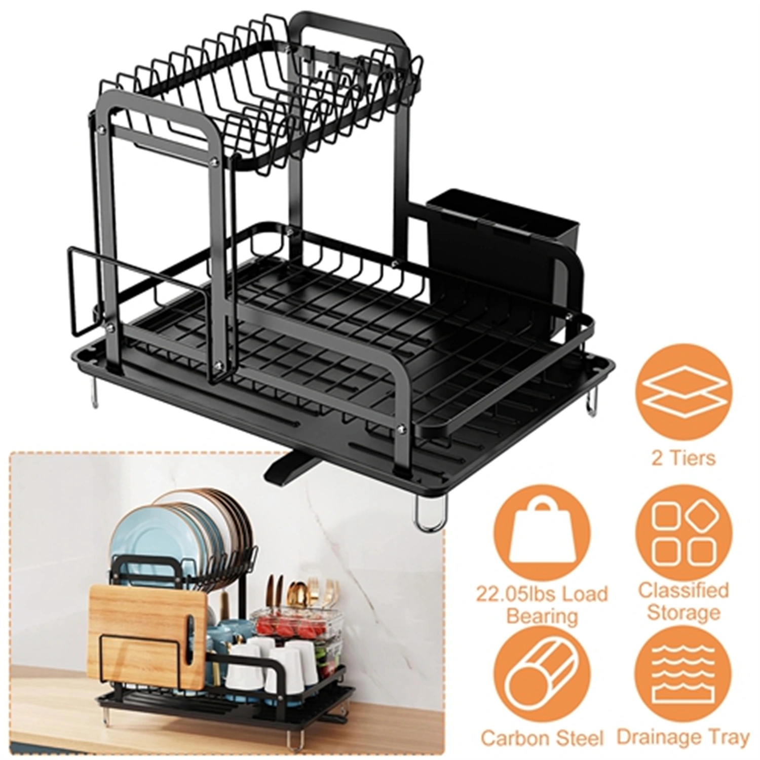 2-Tier Dish Drying Rack 16.65x14.57x13.11in Kitchen Dish Rack with Drainboard Utensil Holder Bowl Rack view 5
