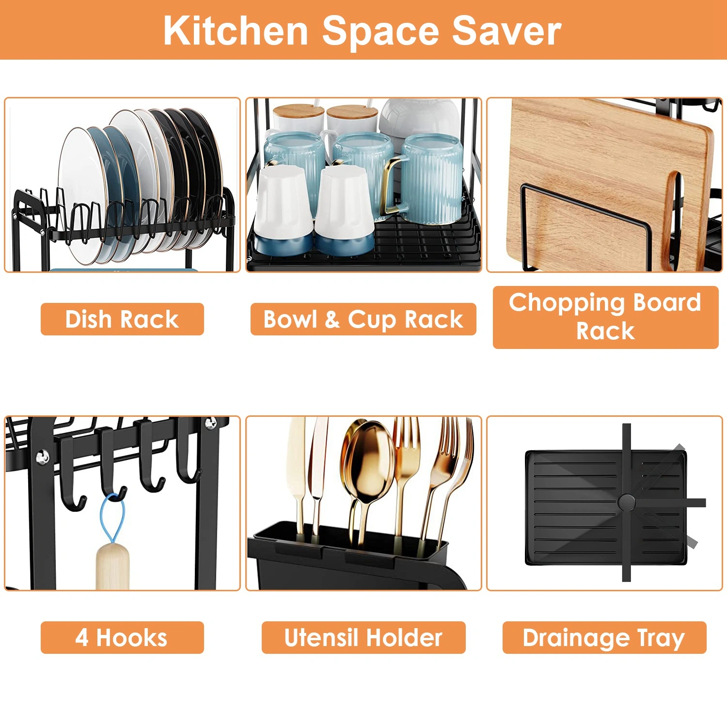 2-Tier Dish Drying Rack 16.65x14.57x13.11in Kitchen Dish Rack with Drainboard Utensil Holder Bowl Rack view 7