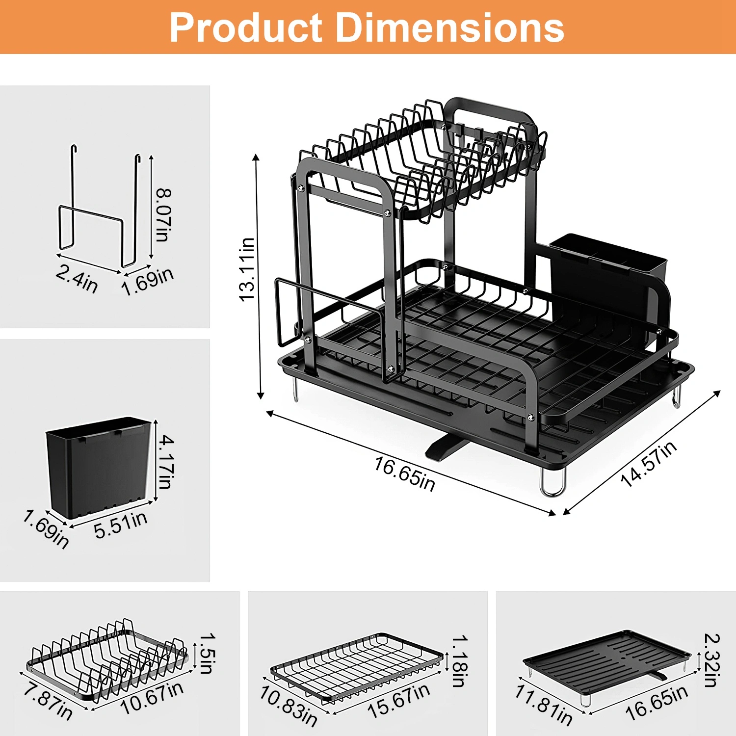 2-Tier Dish Drying Rack 16.65x14.57x13.11in Kitchen Dish Rack with Drainboard Utensil Holder Bowl Rack view 9