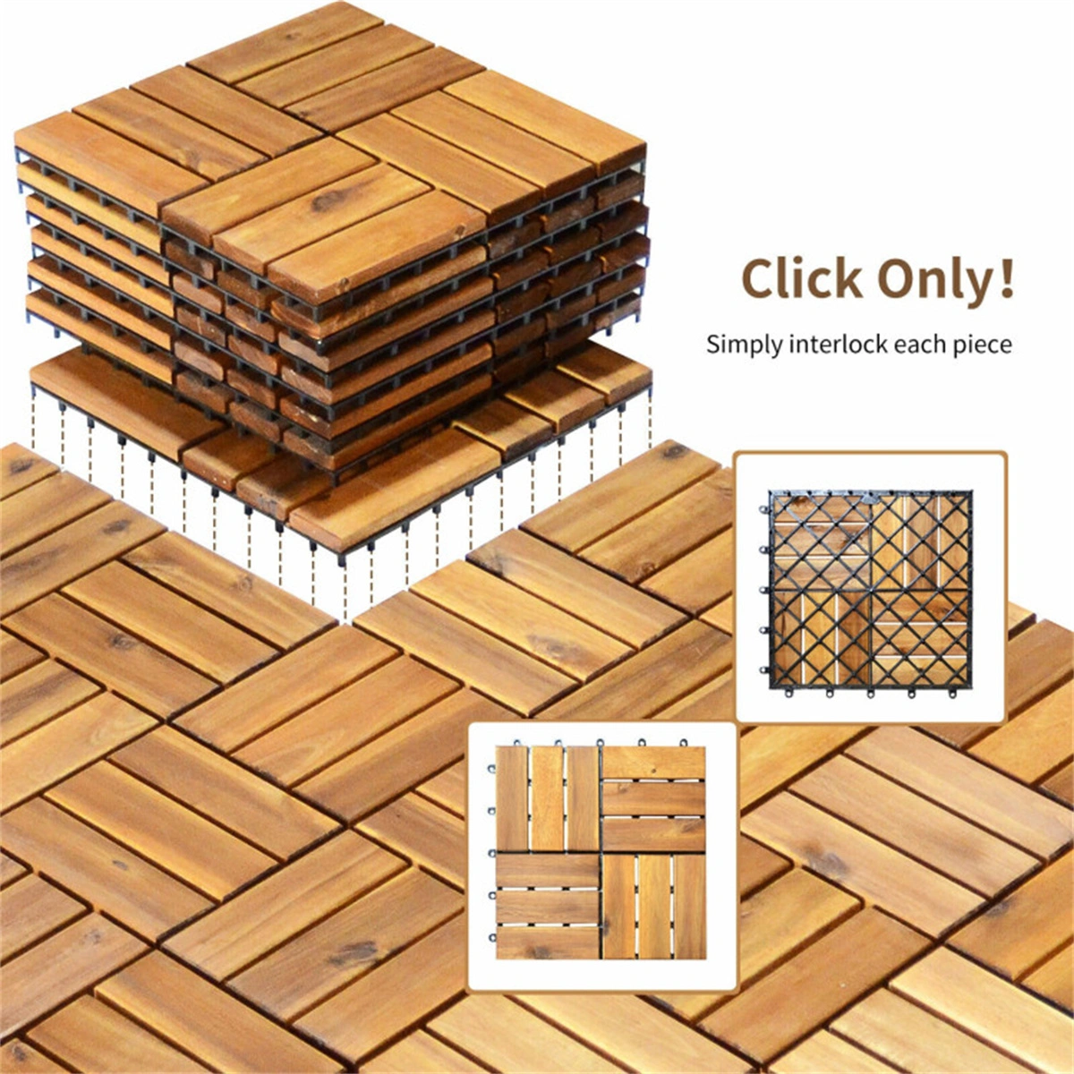 27pcs Acacia Wood Interlocking Patio Deck Tiles, 12x12 Inch Outdoor Floor Tiles, DIY Wood Deck view 10
