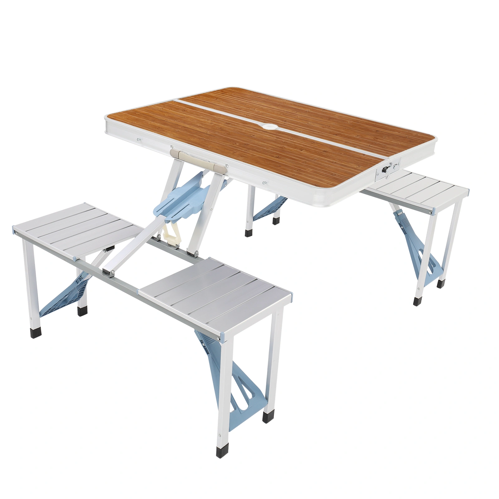 136*85.5*67cm 50kg Aluminum Alloy Table And Chair One Piece Camping One Piece Table And Chair Wood Grain Color view 14