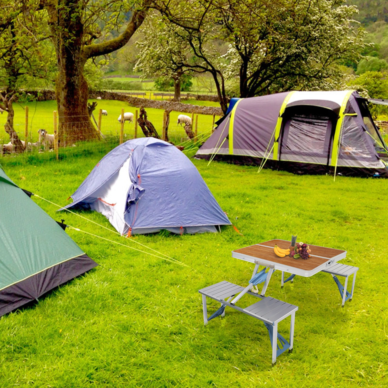136*85.5*67cm 50kg Aluminum Alloy Table And Chair One Piece Camping One Piece Table And Chair Wood Grain Color view 21