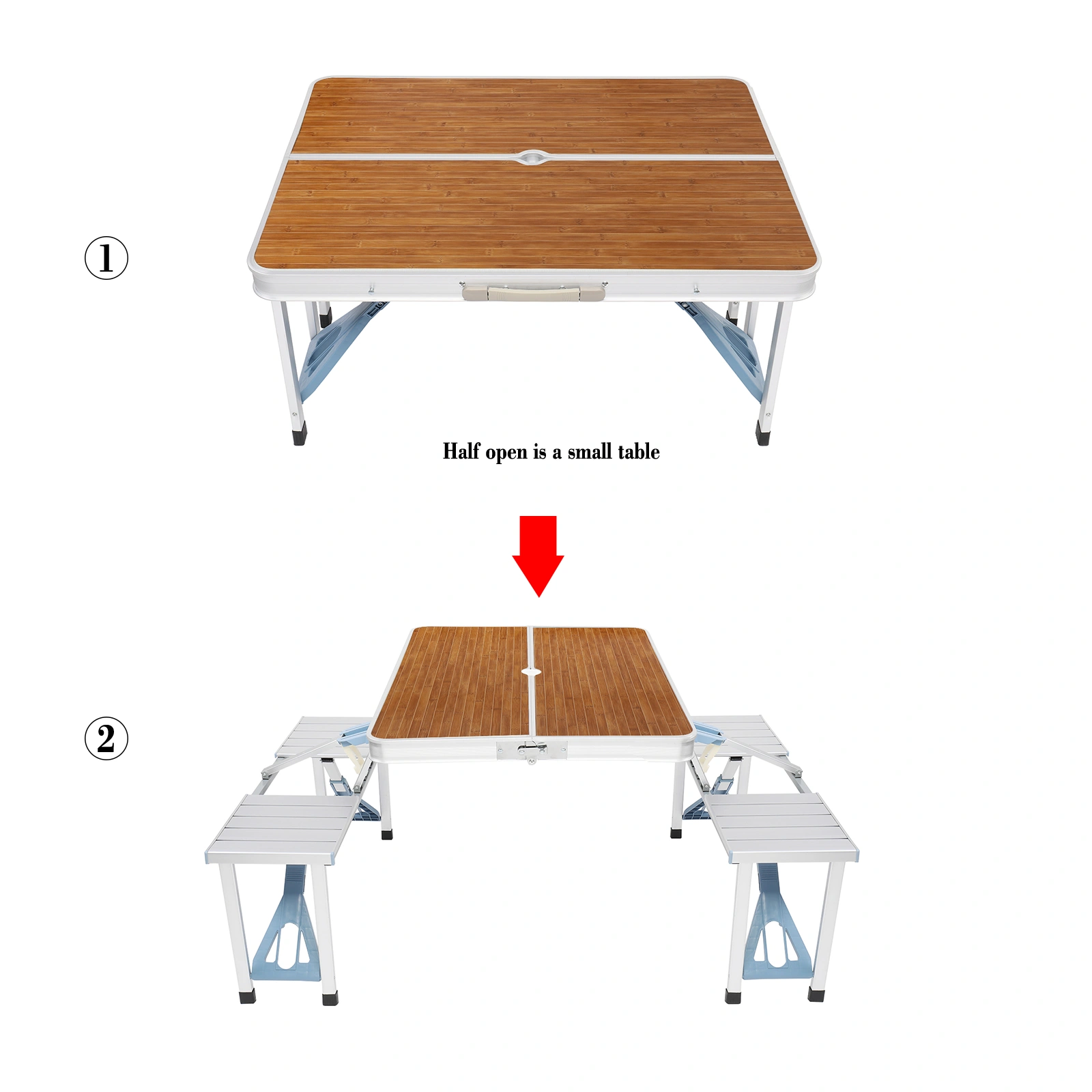 136*85.5*67cm 50kg Aluminum Alloy Table And Chair One Piece Camping One Piece Table And Chair Wood Grain Color view 28