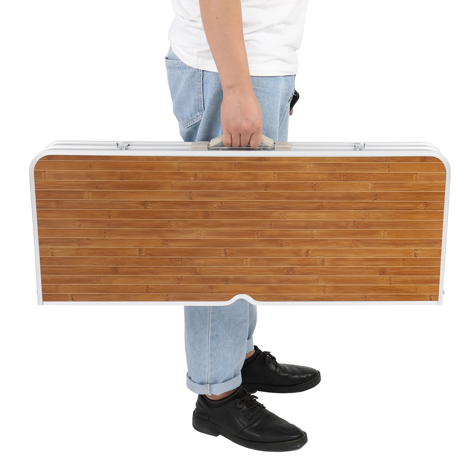 136*85.5*67cm 50kg Aluminum Alloy Table And Chair One Piece Camping One Piece Table And Chair Wood Grain Color view 3
