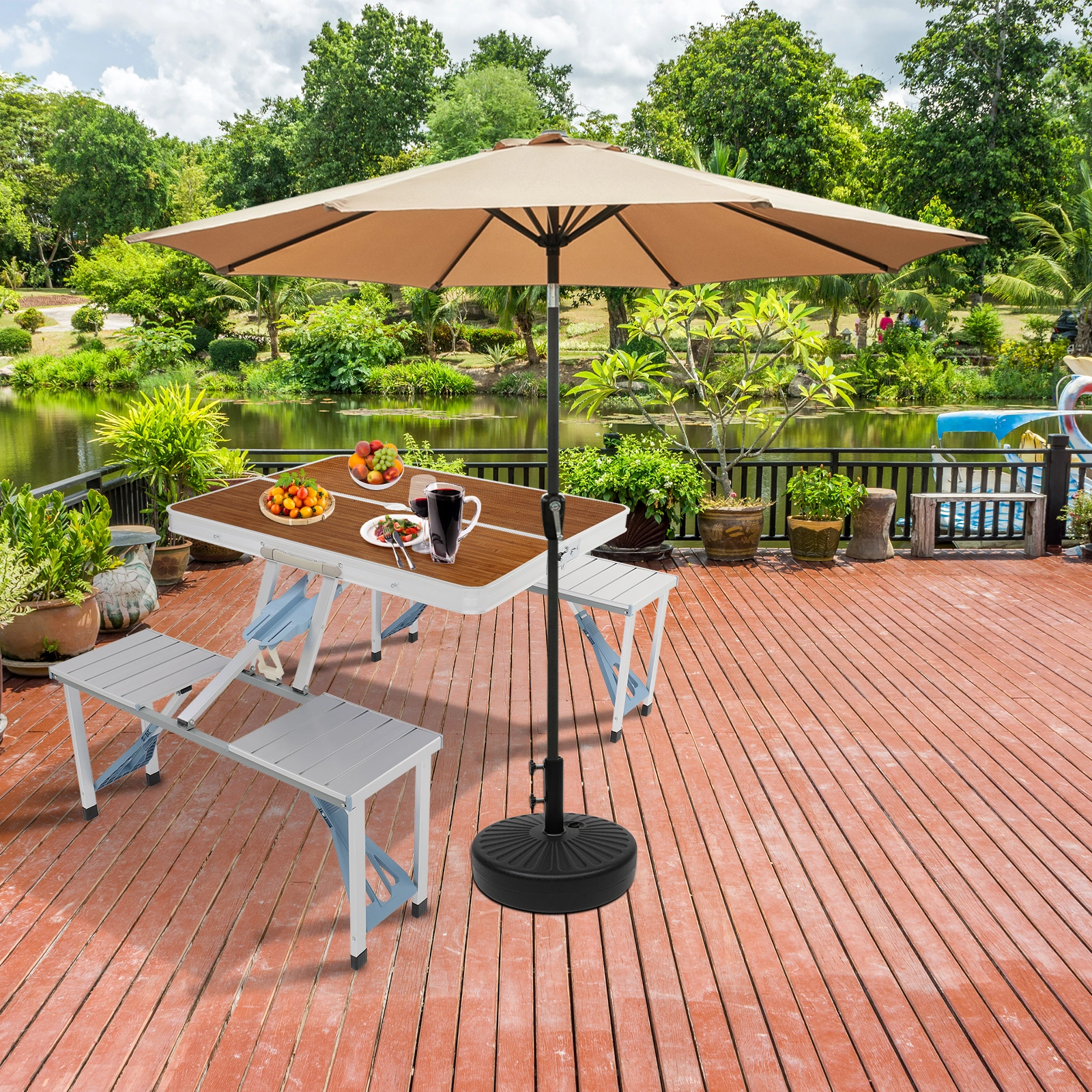136*85.5*67cm 50kg Aluminum Alloy Table And Chair One Piece Camping One Piece Table And Chair Wood Grain Color view 6