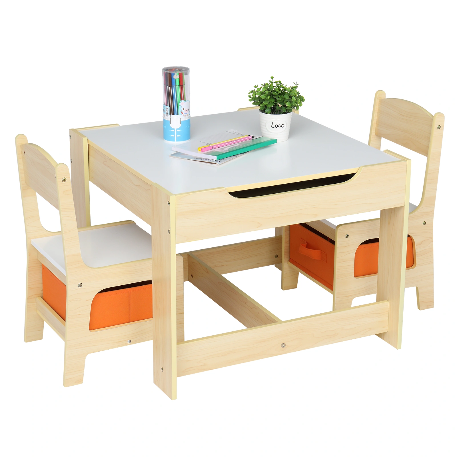 Children's Wooden Table and Chair Set, Kids Study Desk with 2 Storage Bags, 1 Table & 2 Chairs, Educational Learning Furniture for Toddlers view 2