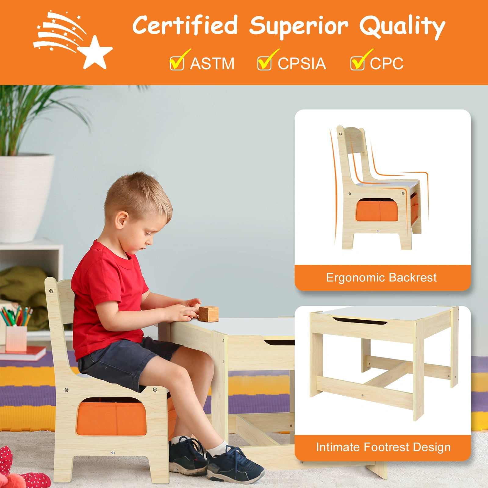 Children's Wooden Table and Chair Set, Kids Study Desk with 2 Storage Bags, 1 Table & 2 Chairs, Educational Learning Furniture for Toddlers view 3