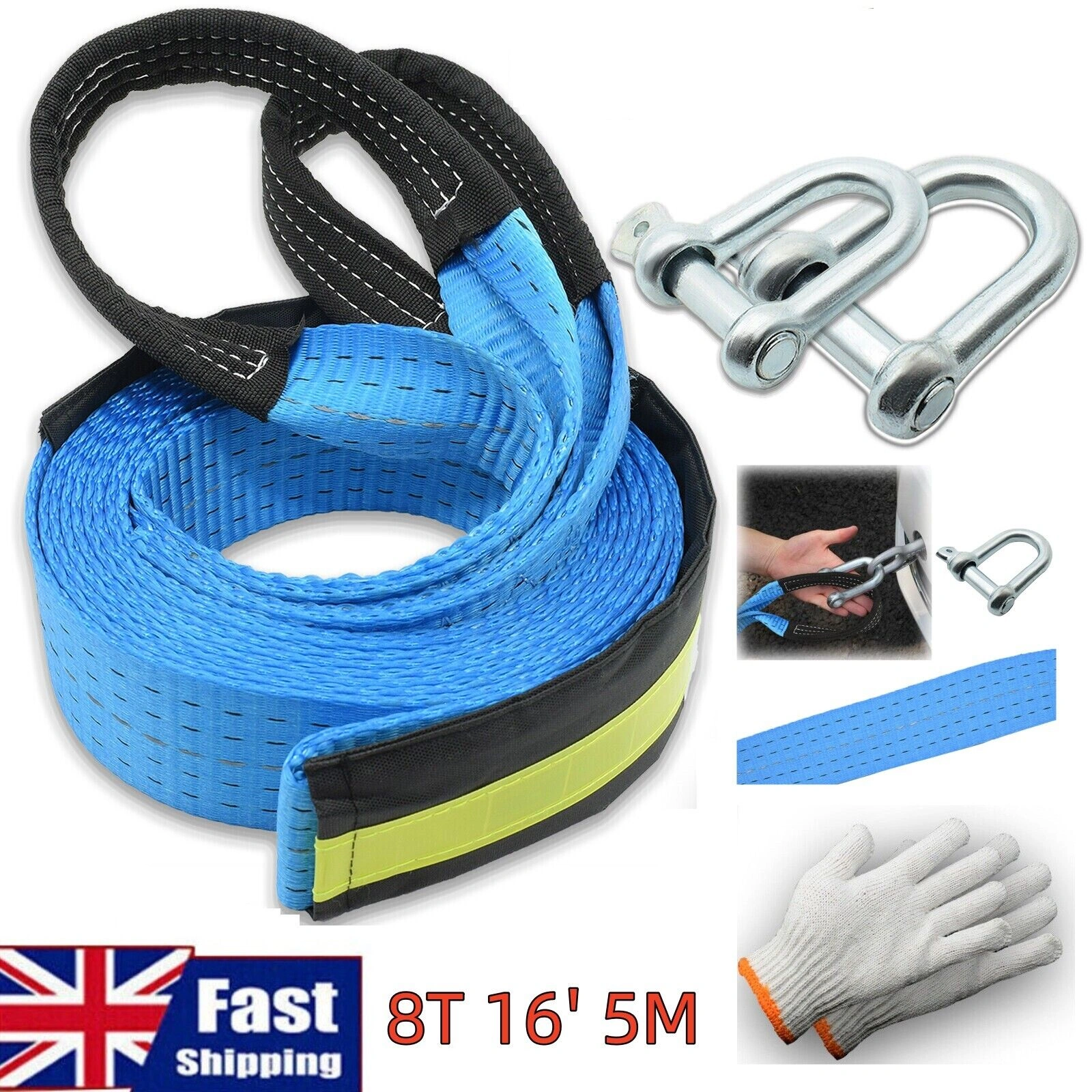 8T 16ft 5M Heavy Duty Tow Rope with 2 Shackles, Towing Pull Strap Road Recovery Chain