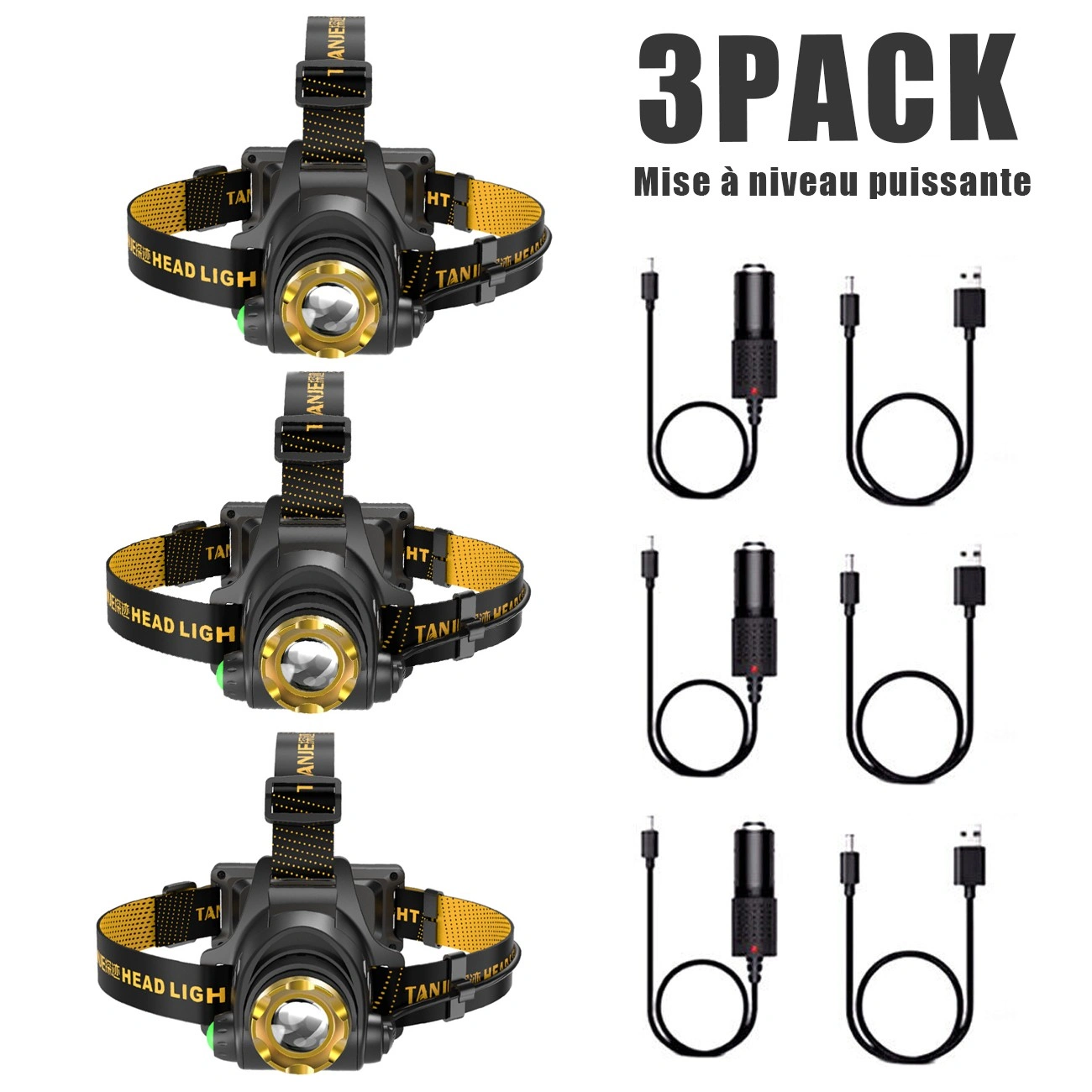 3 Pack USB Rechargeable LED Headlamp, 3 Modes Adjustable Headlight for Camping Hiking, Includes Car Charger & USB Cable