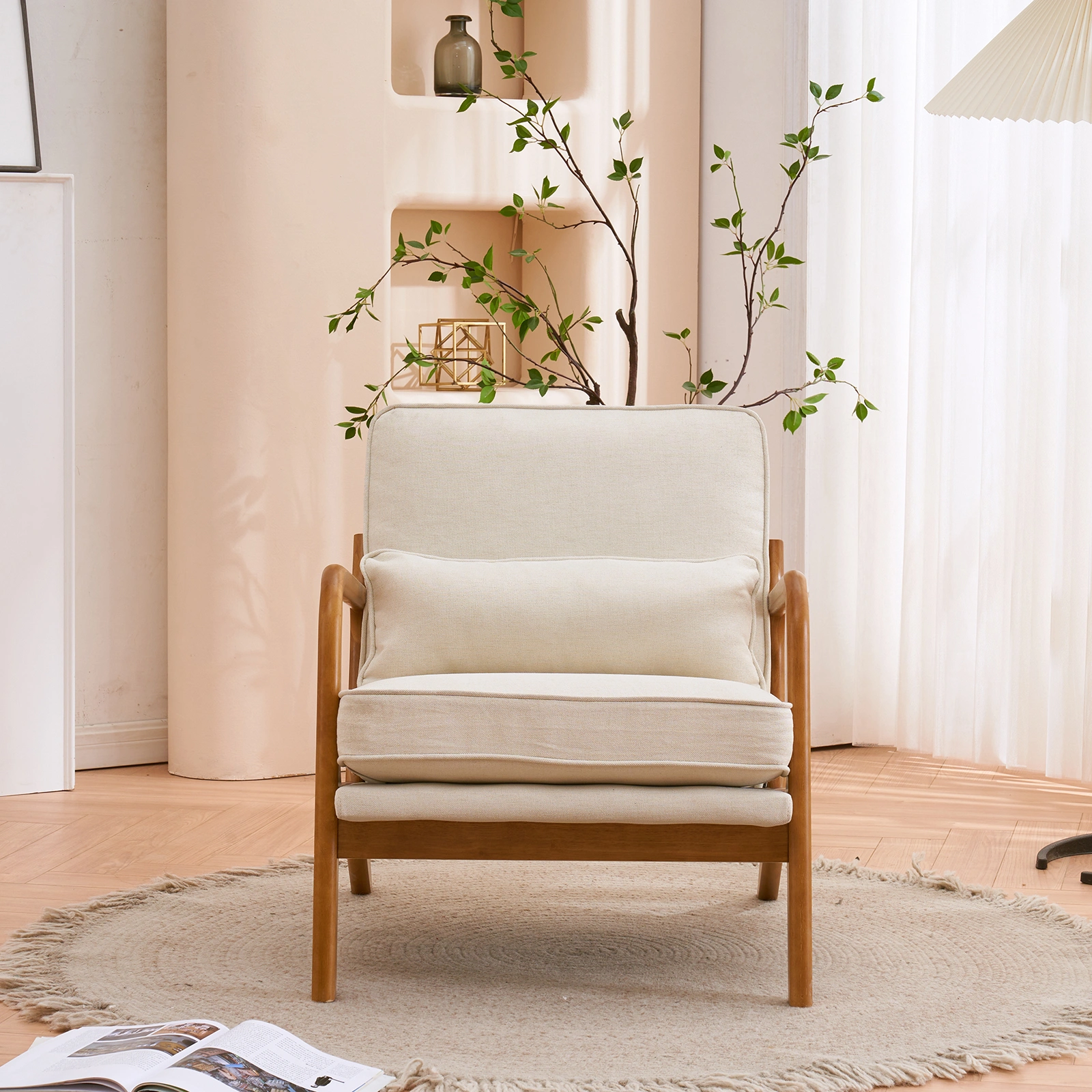 Oak Armrest Oak Upholstered Single Lounge Chair Indoor Lounge Chair Off-White view 26
