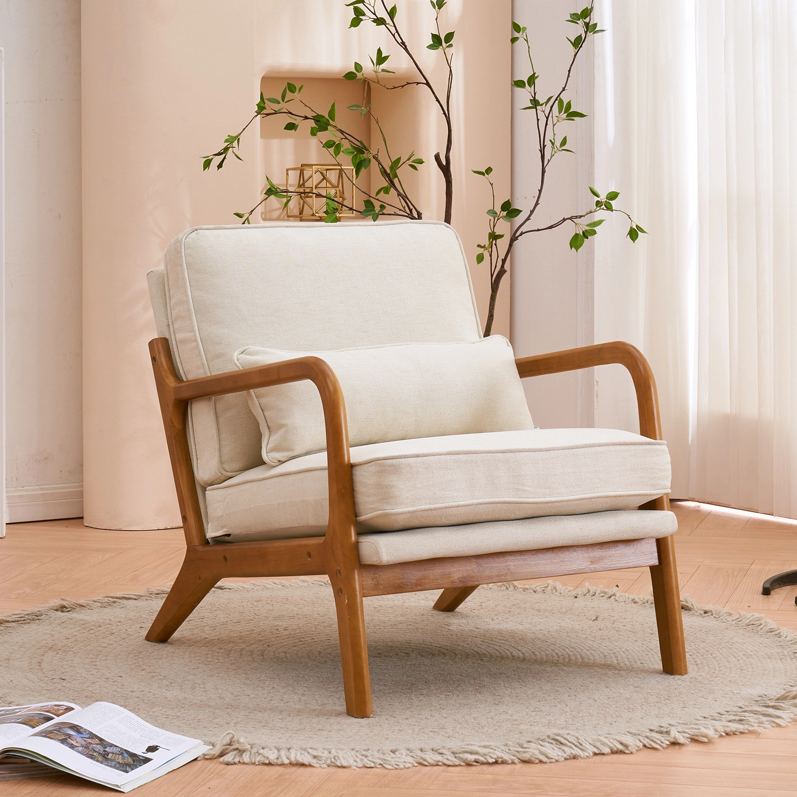 Oak Armrest Oak Upholstered Single Lounge Chair Indoor Lounge Chair Off-White view 29