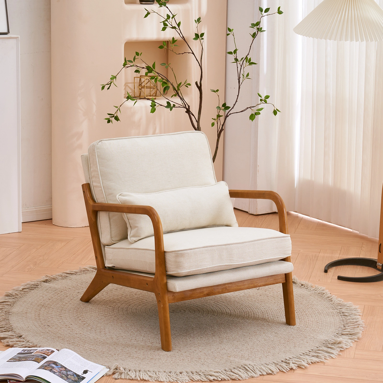 Oak Armrest Oak Upholstered Single Lounge Chair Indoor Lounge Chair Off-White view 31