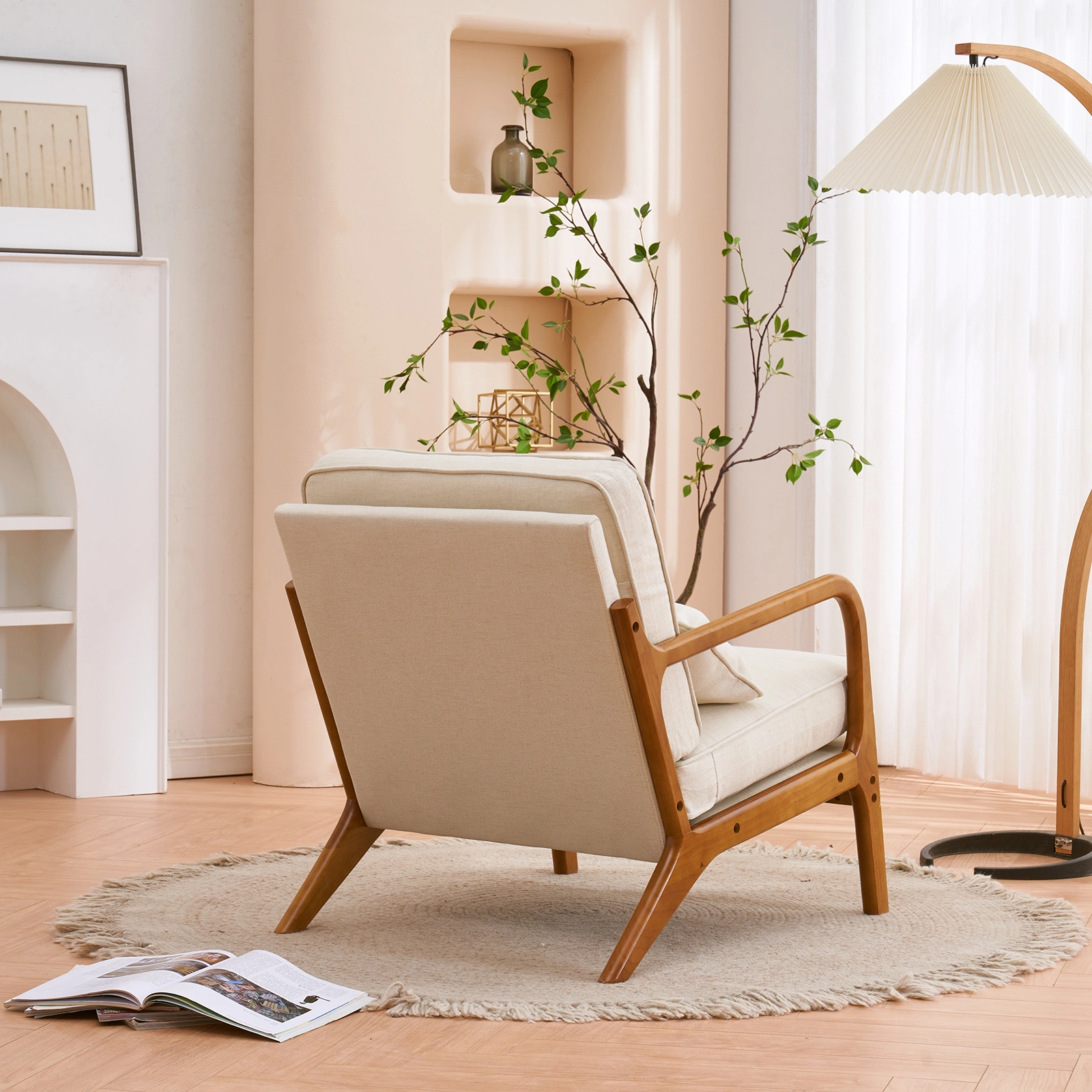 Oak Armrest Oak Upholstered Single Lounge Chair Indoor Lounge Chair Off-White view 32
