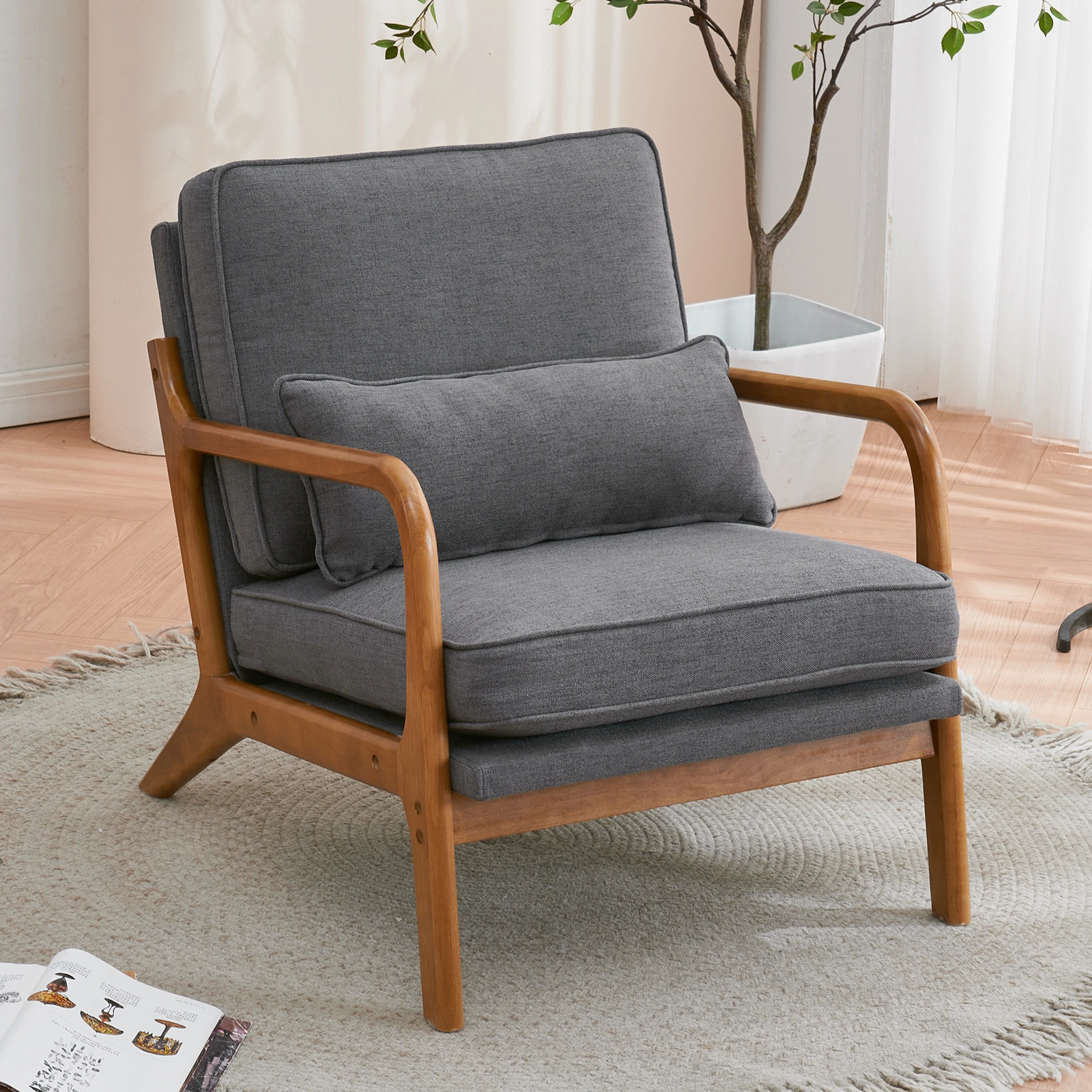 Oak Armrest Oak Upholstered Single Lounge Chair Indoor Lounge Chair Dark Grey view 17
