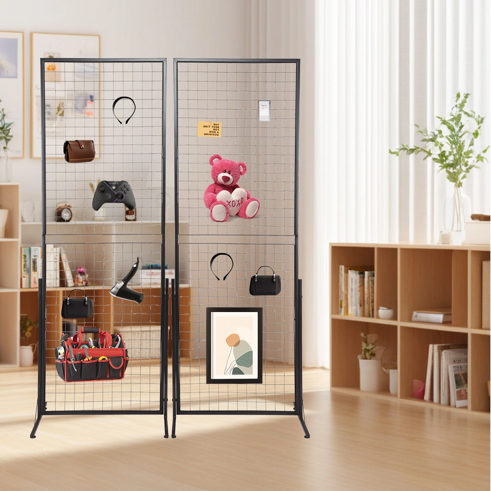 2-Pack 24"x67" Commercial Grid Wall Display with T-Base Stand Double-Sided Wire Panel Includes Hooks & Clips view 2