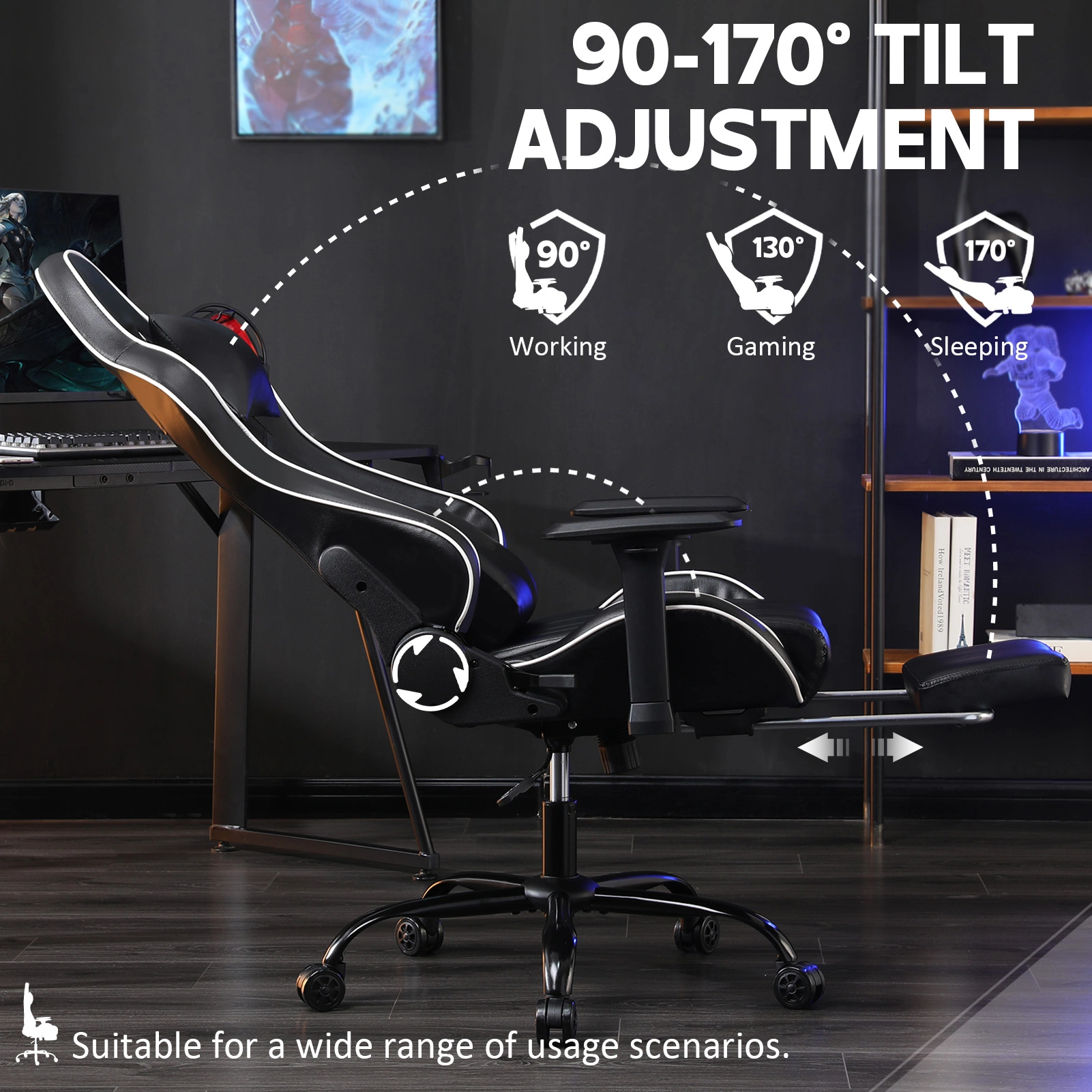 Ergonomic Gaming Chair for Adults, Heavy Duty Office Chair with Footrest & Lumbar Support, 360 Swivel PU Leather Desk Chair, Black view 3