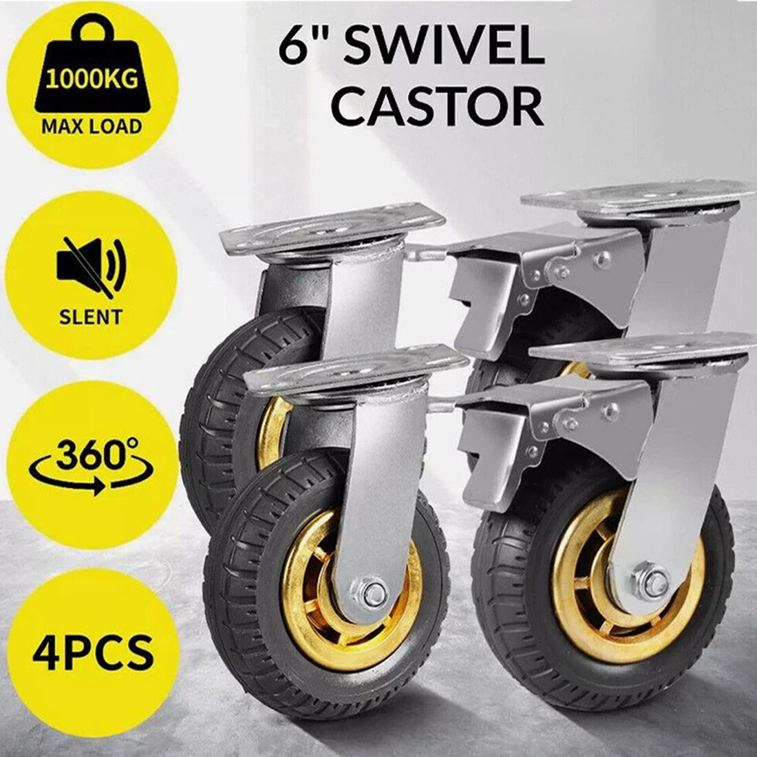 4x 150mm Heavy Duty Swivel Caster Wheels - 300kg Load Capacity, 2 Brakes, Industrial Grade Castors view 2