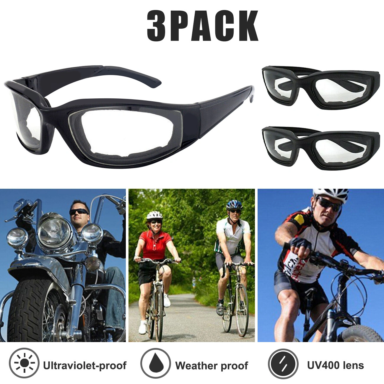 3 Pairs Motorcycle Sports Biker Riding Glasses Wind Resistant Eye Protection Clear Lens Sports Goggles Cycling Sunglasses view 5