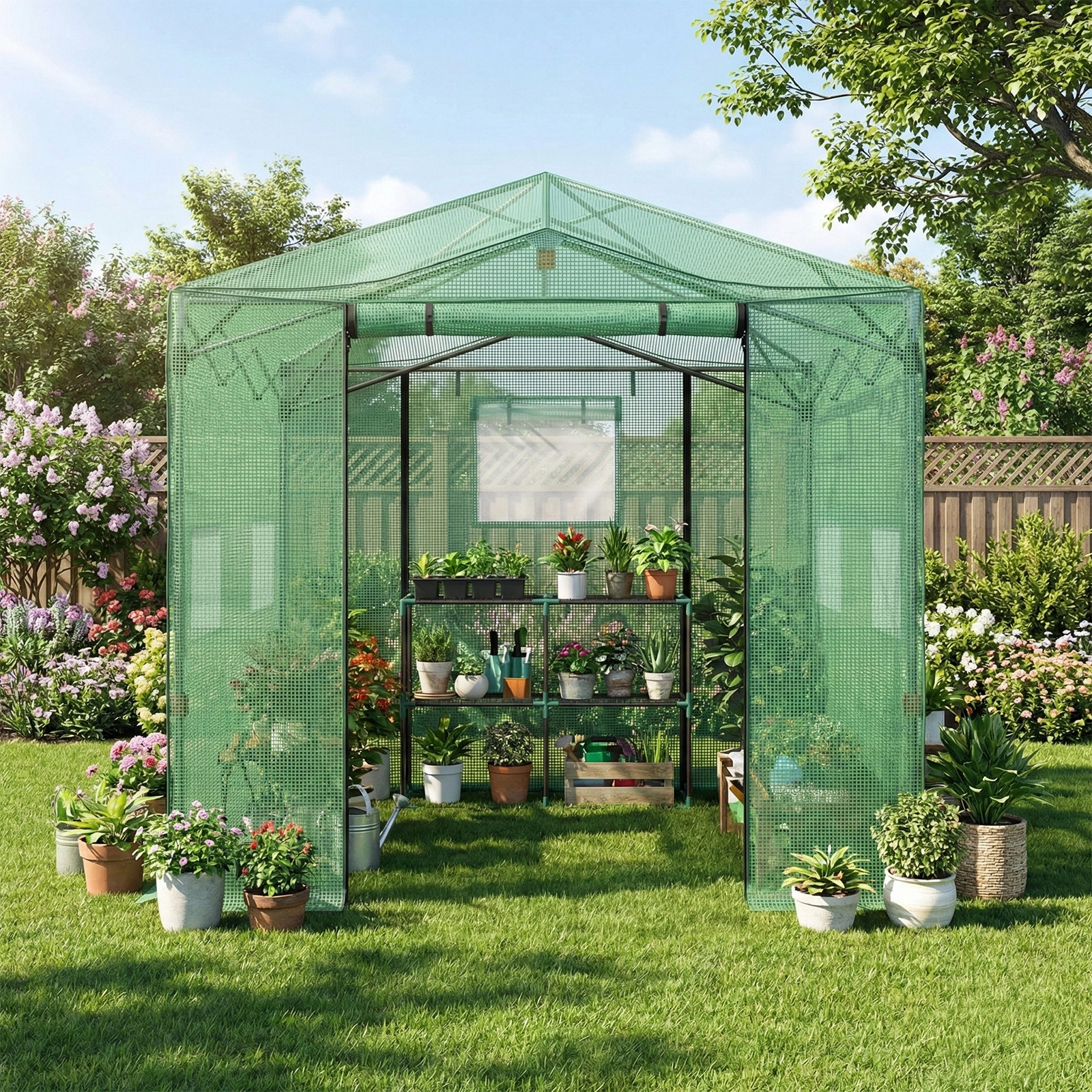8*12ft Plastic Sprayed Iron Pipe PE Mesh Foldable Greenhouse Shed Green view 8