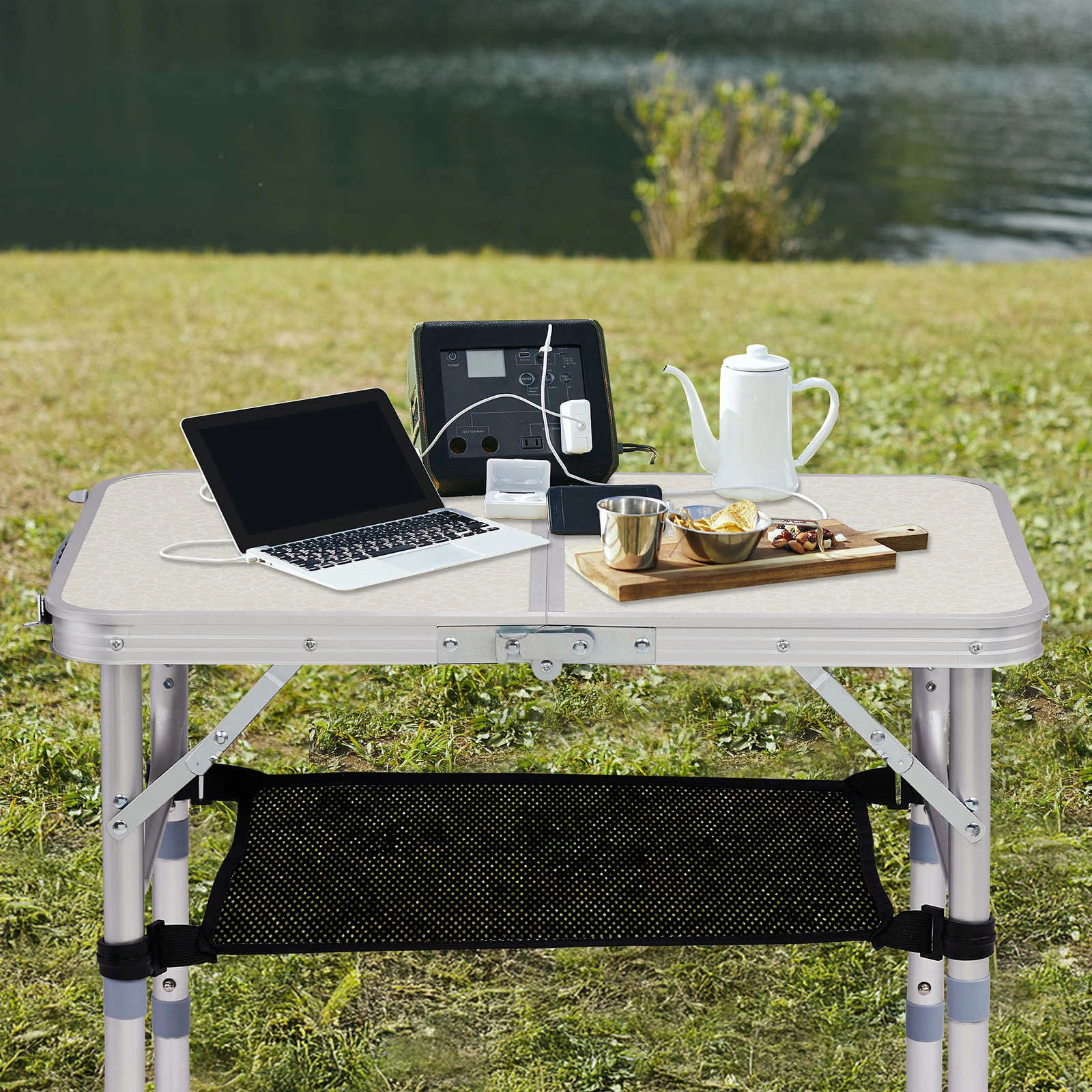 Outdoor Folding Camping Table, 2ft Portable Pinic Table with 3 Adjustable Height, Small Aluminum Foldable Lightweight Patio Side Table with Carry Handle for Outdoor Indoor Hiking Camp BBQ Beach, White view 4
