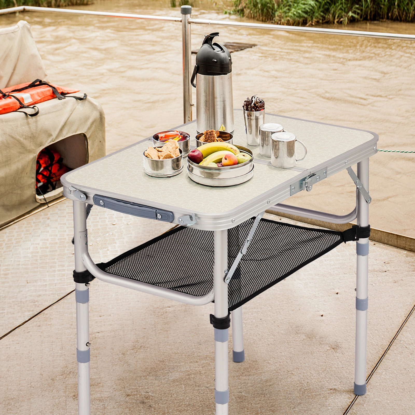 Outdoor Folding Camping Table, 2ft Portable Pinic Table with 3 Adjustable Height, Small Aluminum Foldable Lightweight Patio Side Table with Carry Handle for Outdoor Indoor Hiking Camp BBQ Beach, White view 5