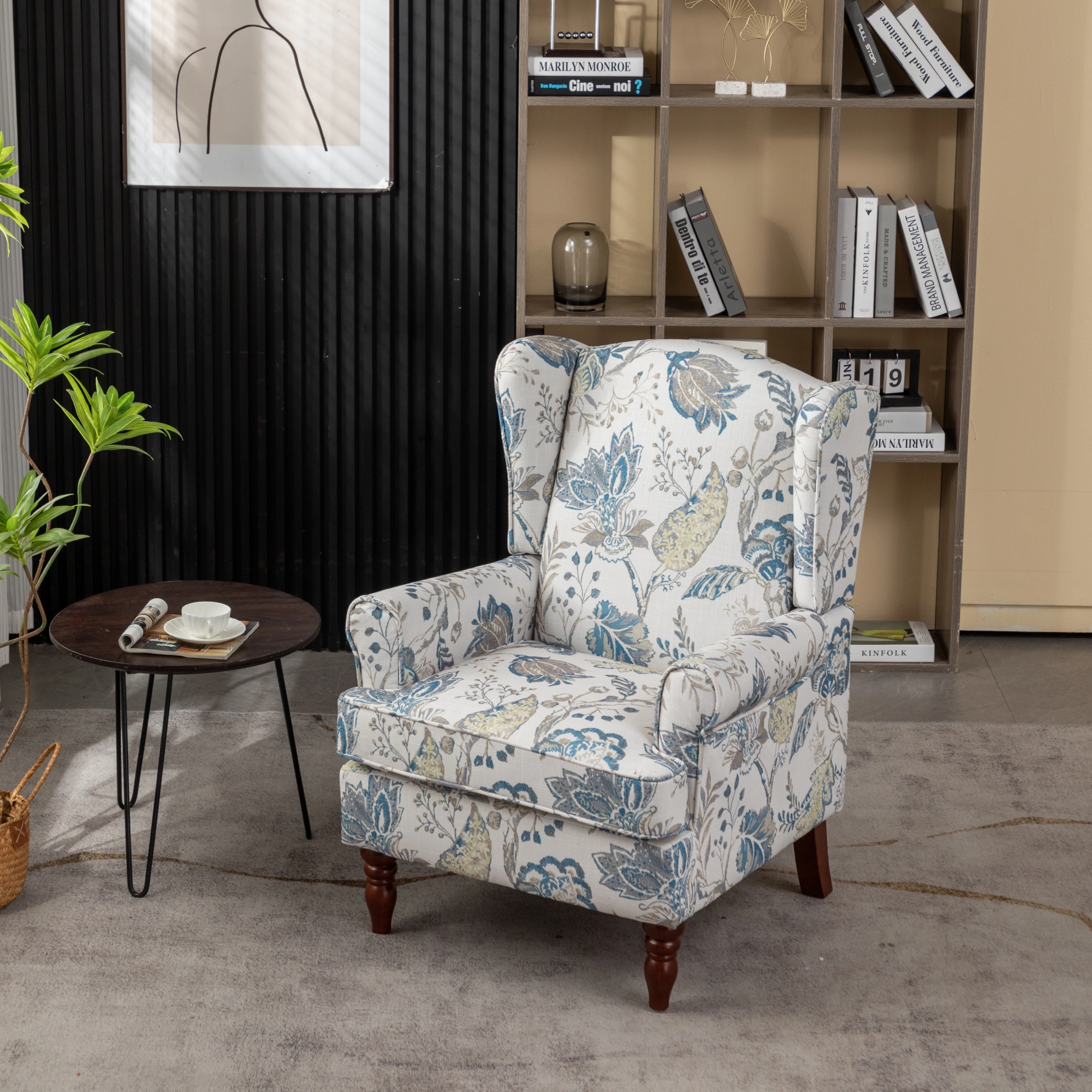 Modern Accent Chair with Retro Wood Legs, Comfy Upholstered Armchair, Floral Design Single Sofa Chair for Living Room Bedroom Office - Floral Blue view 11