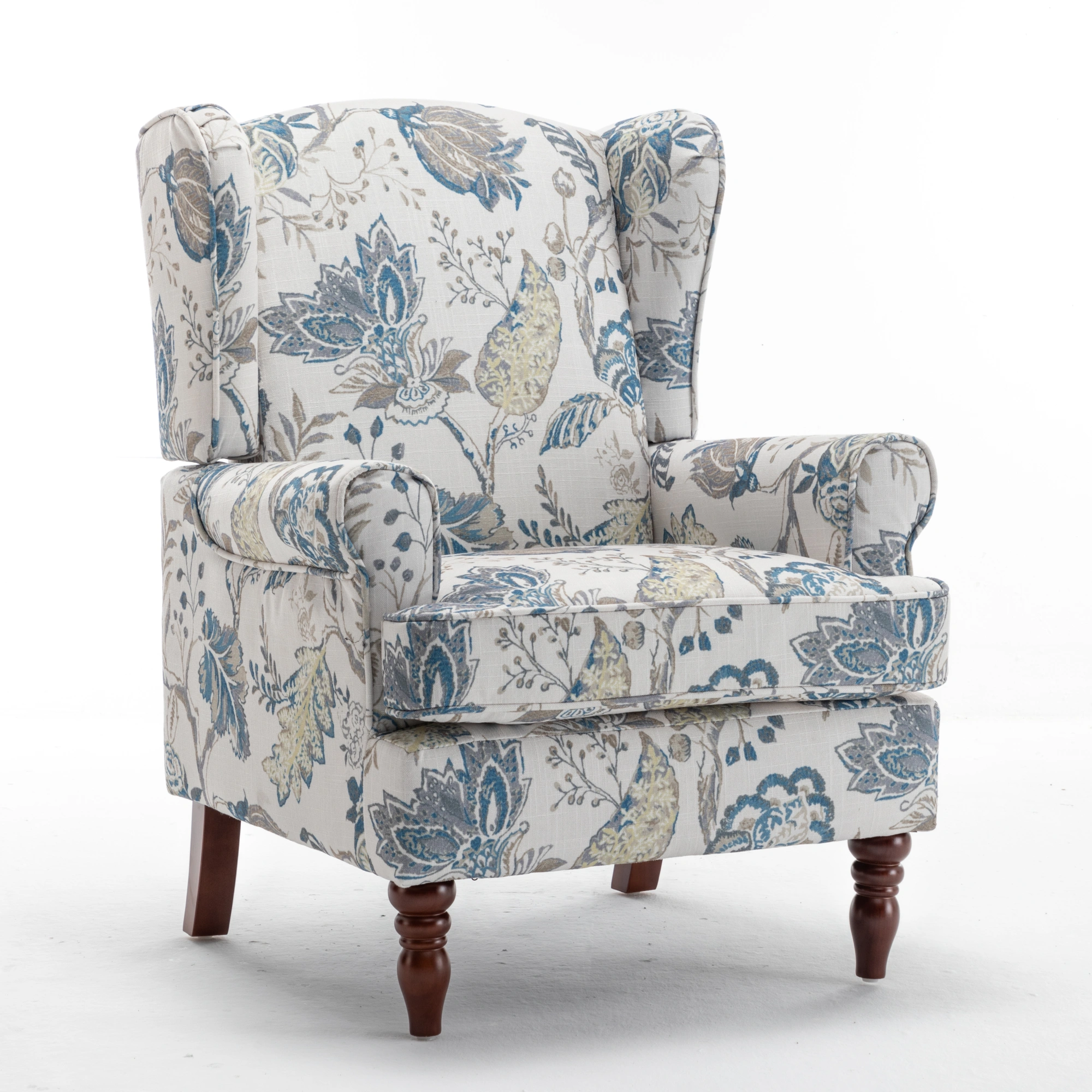 Modern Accent Chair with Retro Wood Legs, Comfy Upholstered Armchair, Floral Design Single Sofa Chair for Living Room Bedroom Office - Floral Blue view 13
