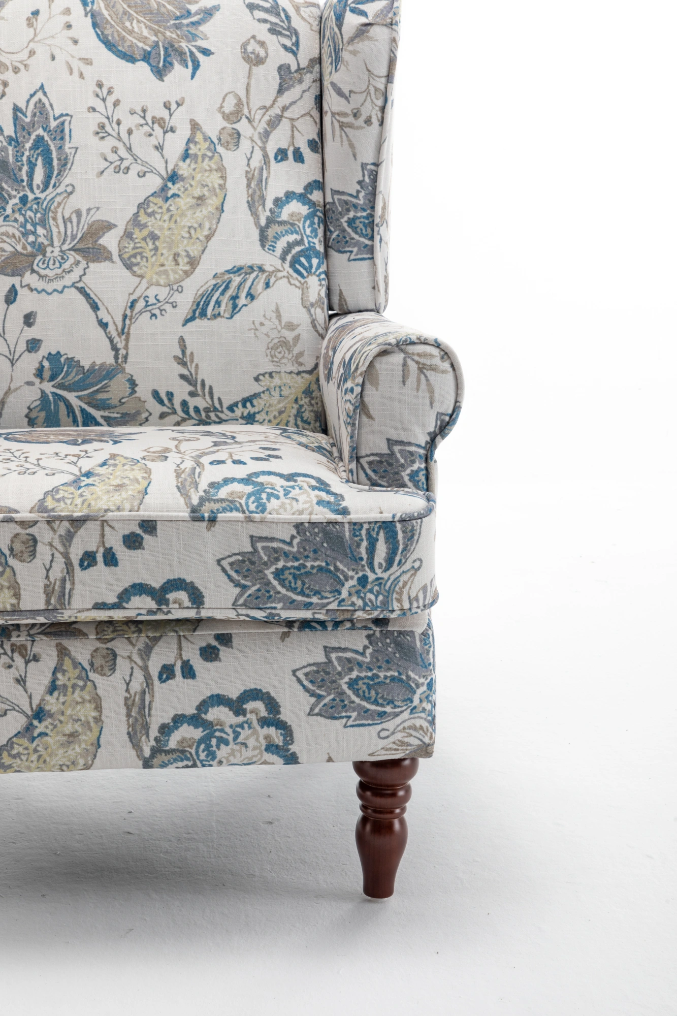 Modern Accent Chair with Retro Wood Legs, Comfy Upholstered Armchair, Floral Design Single Sofa Chair for Living Room Bedroom Office - Floral Blue view 14
