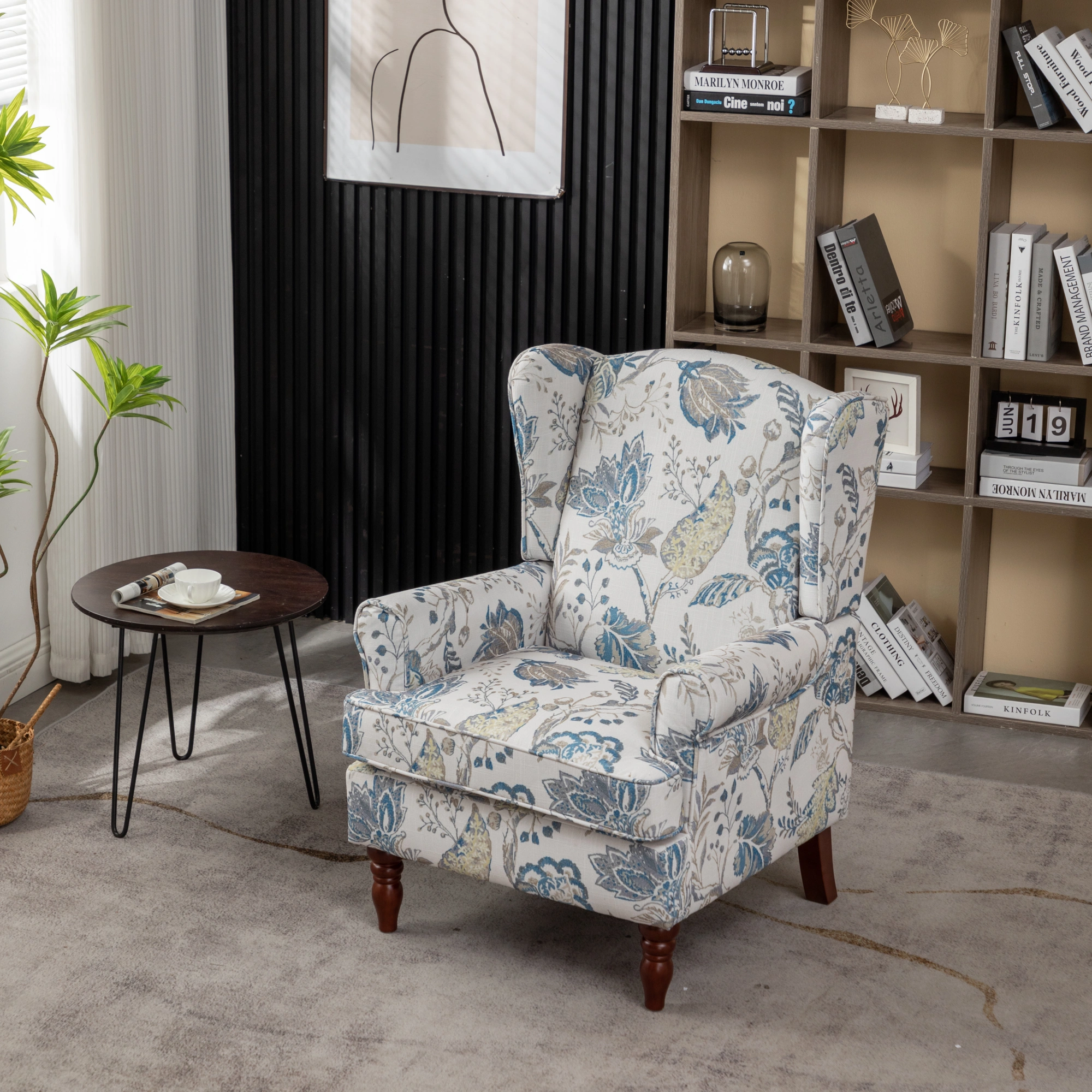 Modern Accent Chair with Retro Wood Legs, Comfy Upholstered Armchair, Floral Design Single Sofa Chair for Living Room Bedroom Office - Floral Blue view 15