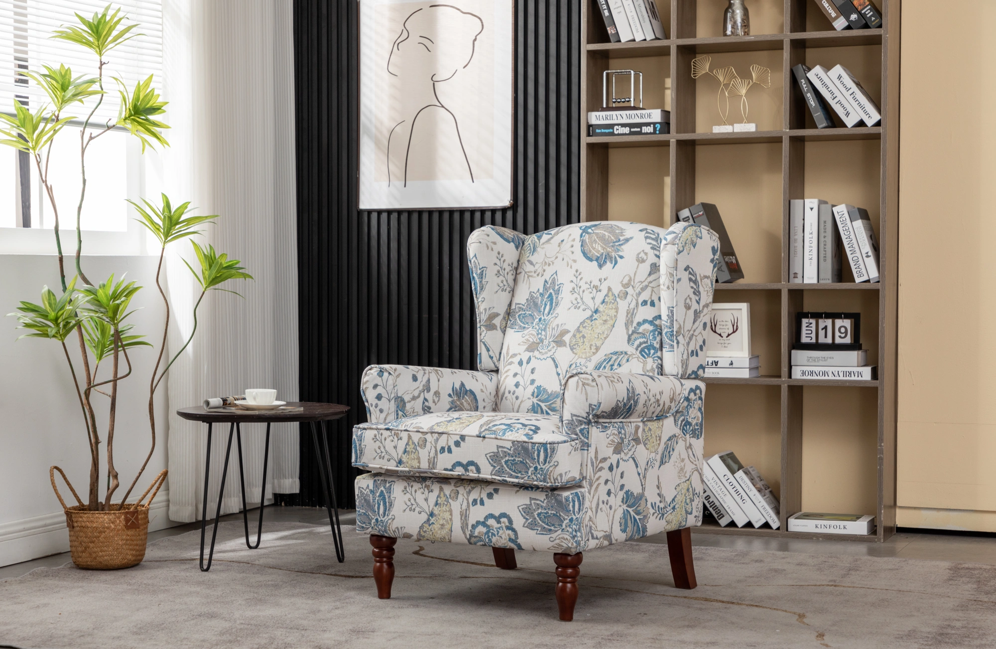 Modern Accent Chair with Retro Wood Legs, Comfy Upholstered Armchair, Floral Design Single Sofa Chair for Living Room Bedroom Office - Floral Blue view 17