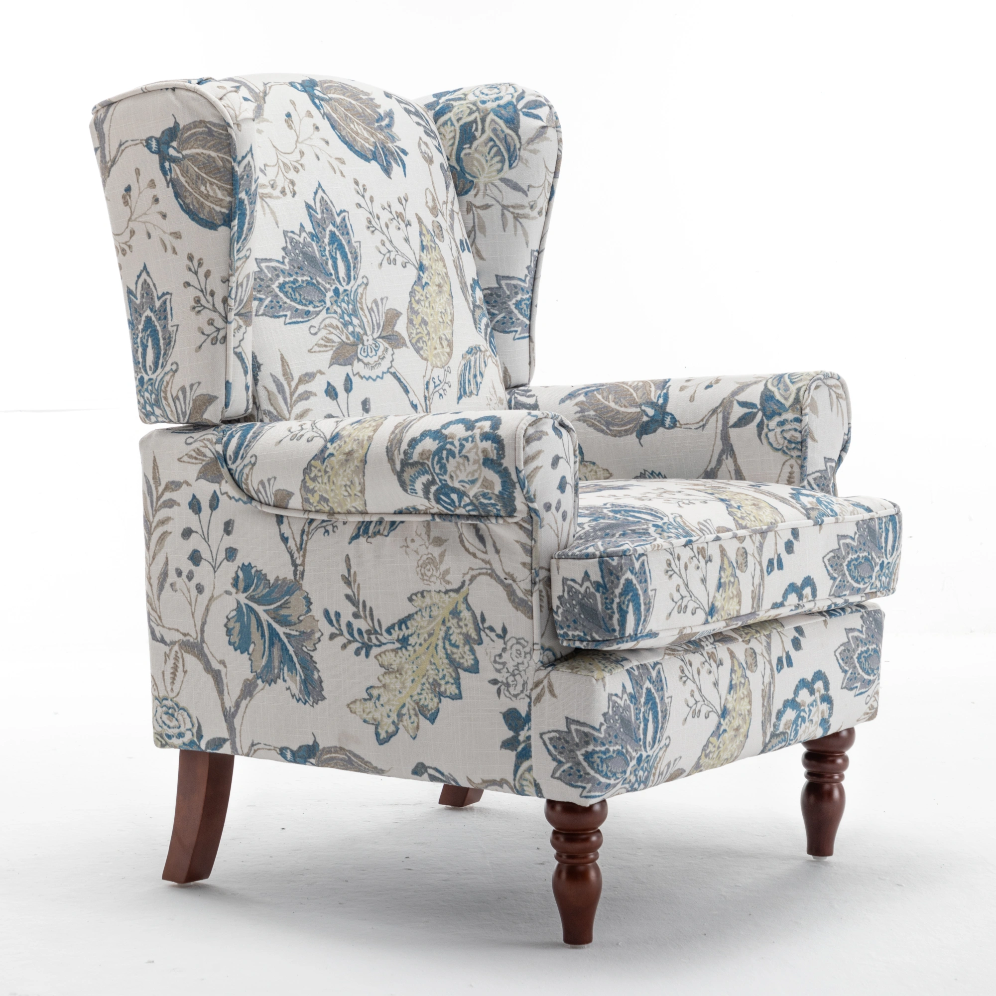 Modern Accent Chair with Retro Wood Legs, Comfy Upholstered Armchair, Floral Design Single Sofa Chair for Living Room Bedroom Office - Floral Blue view 19