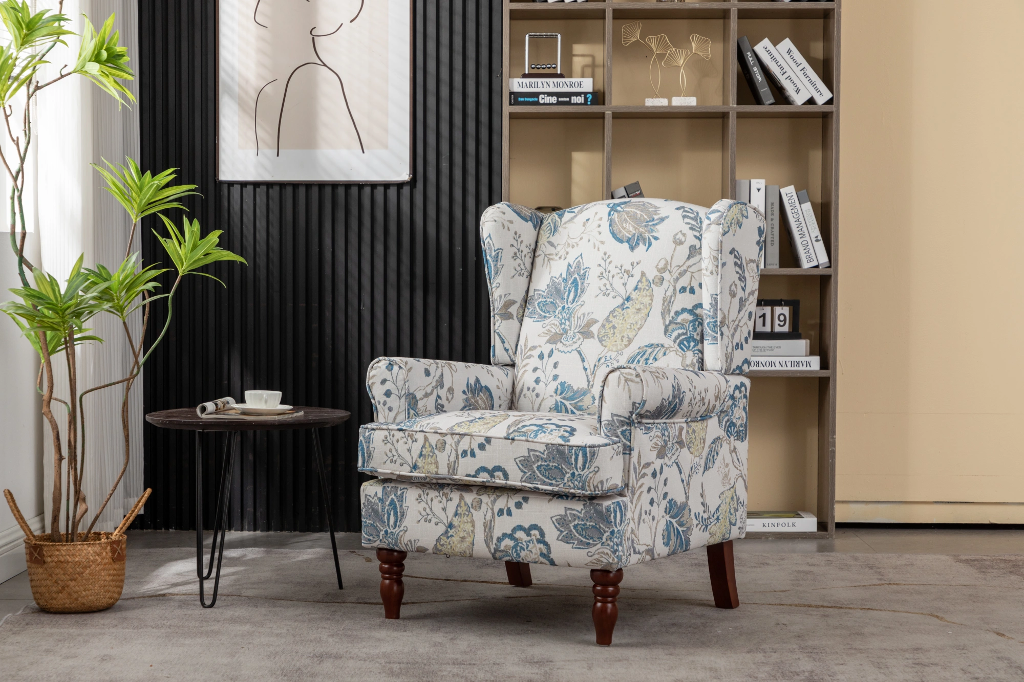Modern Accent Chair with Retro Wood Legs, Comfy Upholstered Armchair, Floral Design Single Sofa Chair for Living Room Bedroom Office - Floral Blue view 21