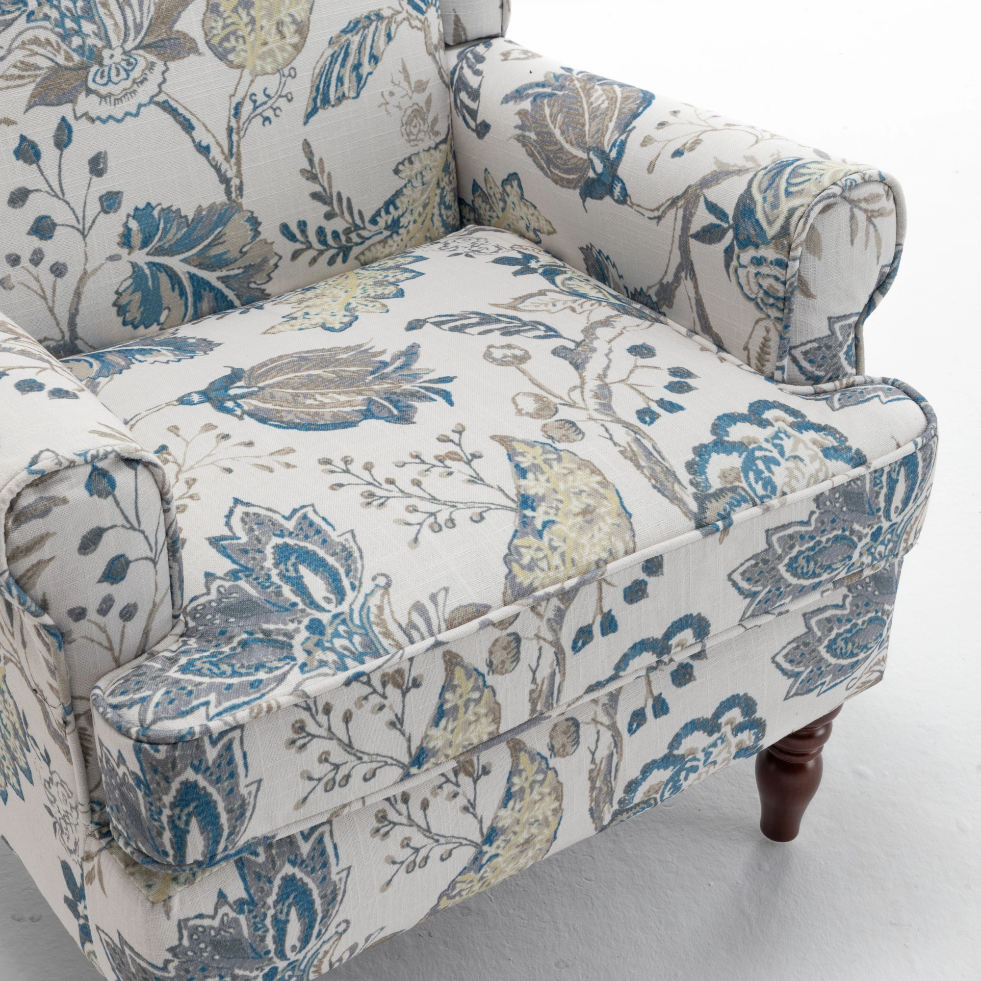 Modern Accent Chair with Retro Wood Legs, Comfy Upholstered Armchair, Floral Design Single Sofa Chair for Living Room Bedroom Office - Floral Blue view 24