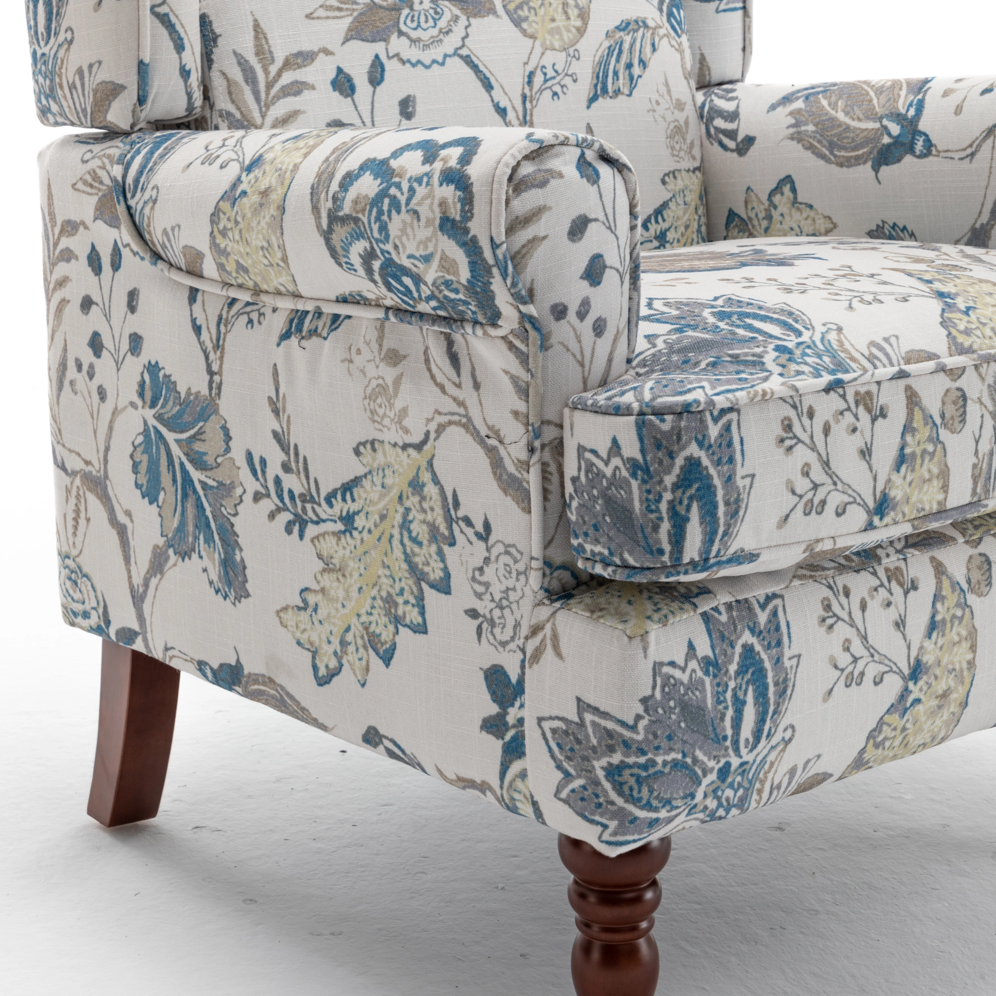 Modern Accent Chair with Retro Wood Legs, Comfy Upholstered Armchair, Floral Design Single Sofa Chair for Living Room Bedroom Office - Floral Blue view 25