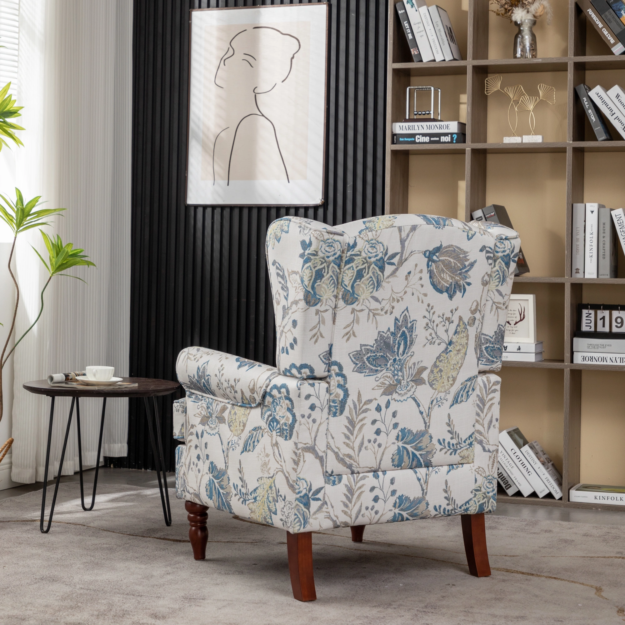 Modern Accent Chair with Retro Wood Legs, Comfy Upholstered Armchair, Floral Design Single Sofa Chair for Living Room Bedroom Office - Floral Blue view 4