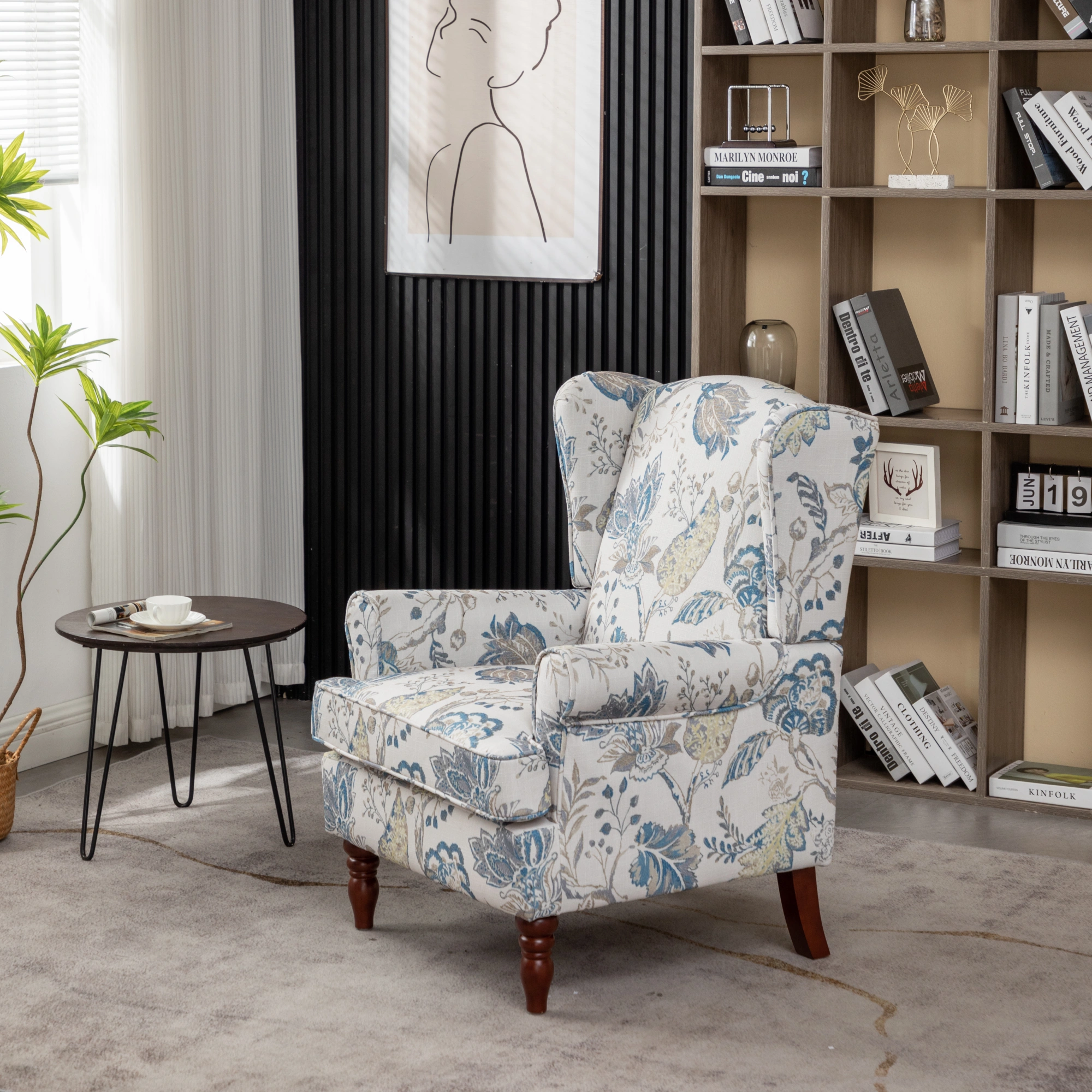 Modern Accent Chair with Retro Wood Legs, Comfy Upholstered Armchair, Floral Design Single Sofa Chair for Living Room Bedroom Office - Floral Blue view 7