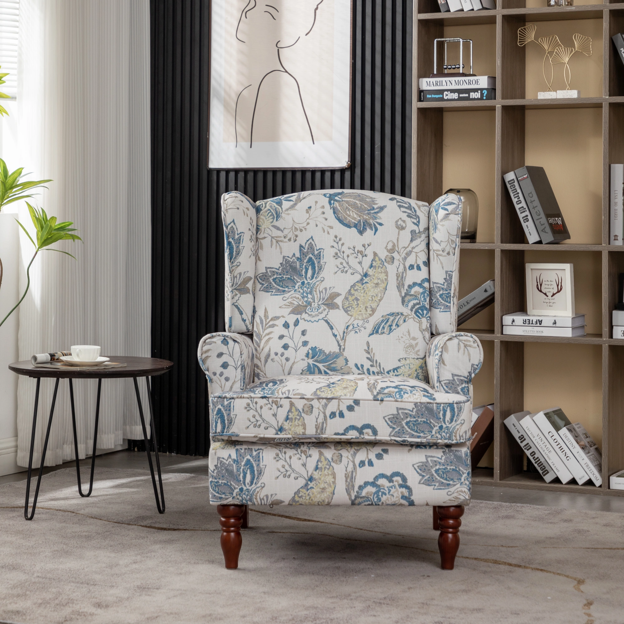Modern Accent Chair with Retro Wood Legs, Comfy Upholstered Armchair, Floral Design Single Sofa Chair for Living Room Bedroom Office - Floral Blue view 8