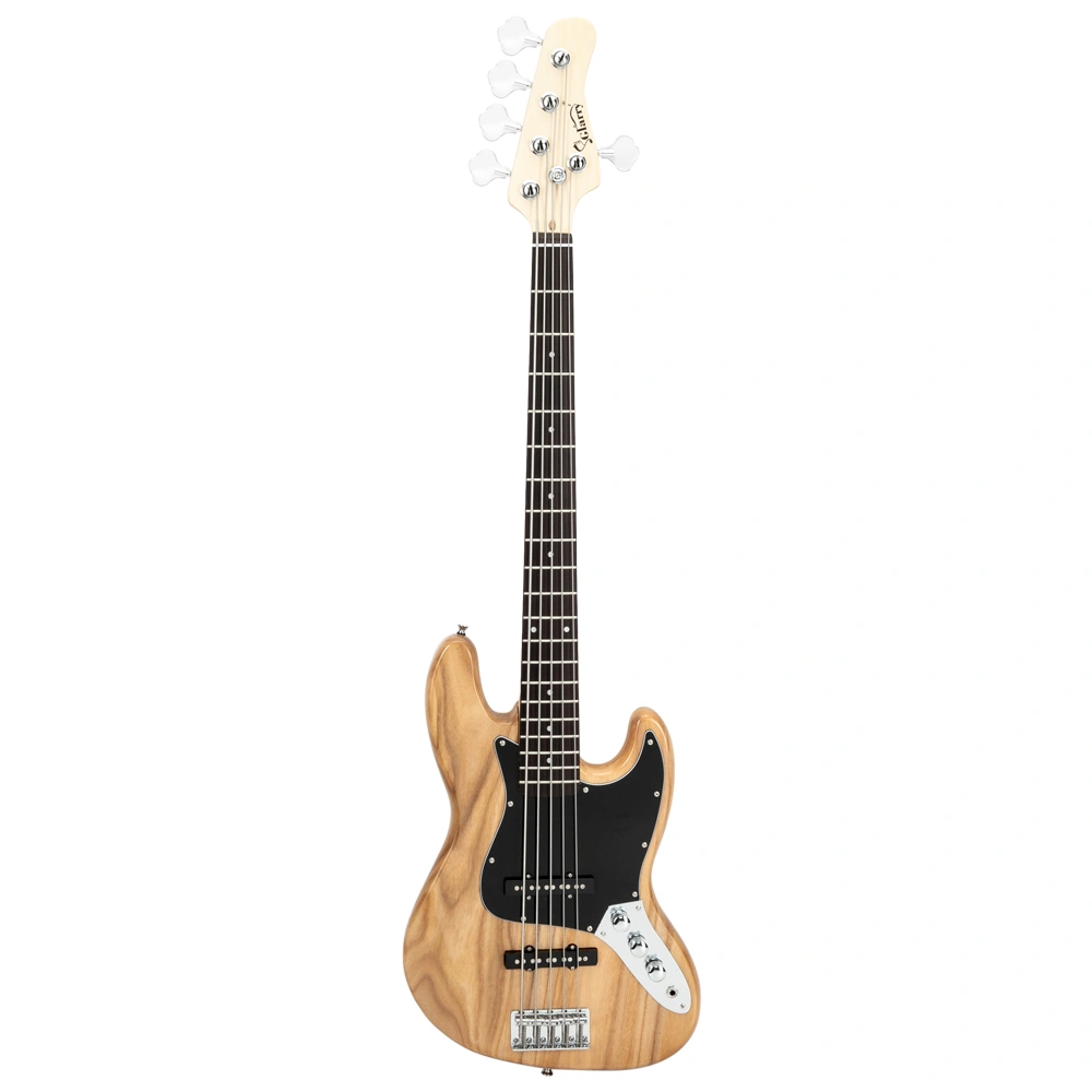 Gjazz Electric 5-String Bass Guitar Full Size Bundle with Gig Bag, Strap, Picks, Connector & Wrench Tool - Burlywood