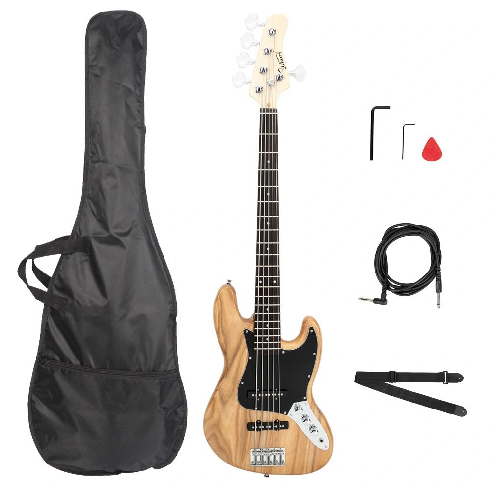 Gjazz Electric 5-String Bass Guitar Full Size Bundle with Gig Bag, Strap, Picks, Connector & Wrench Tool - Burlywood view 2
