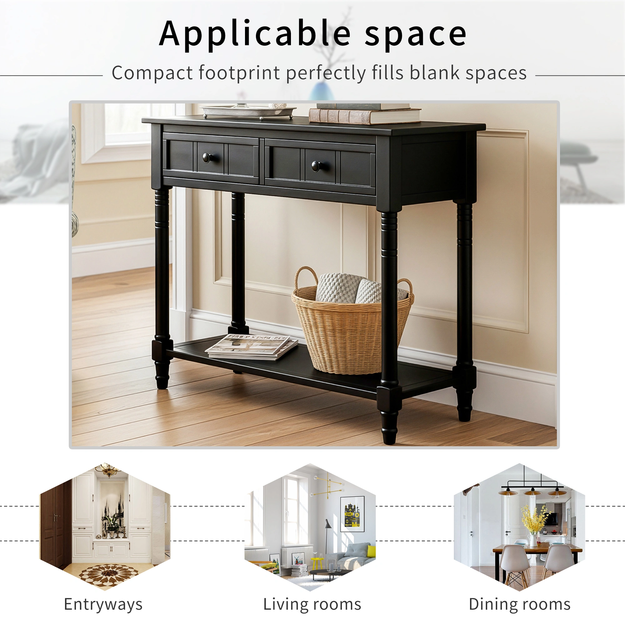 Traditional Console Table with 2 Drawers & Bottom Shelf, Entryway Hallway Table, Black Finish, Living Room Furniture view 10