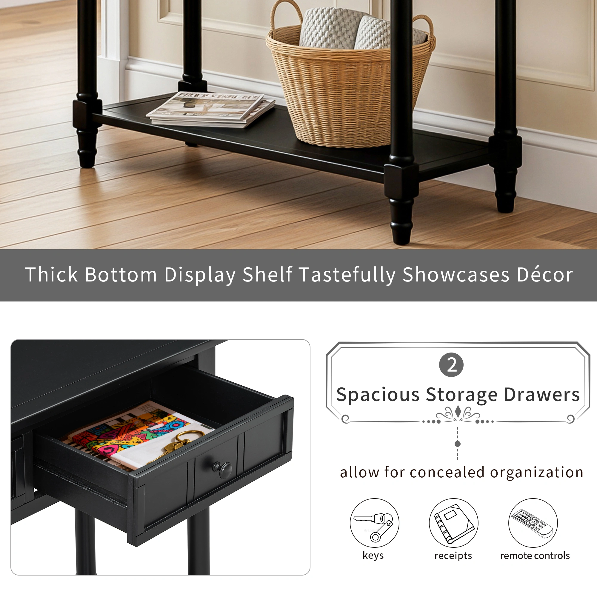Traditional Console Table with 2 Drawers & Bottom Shelf, Entryway Hallway Table, Black Finish, Living Room Furniture view 8