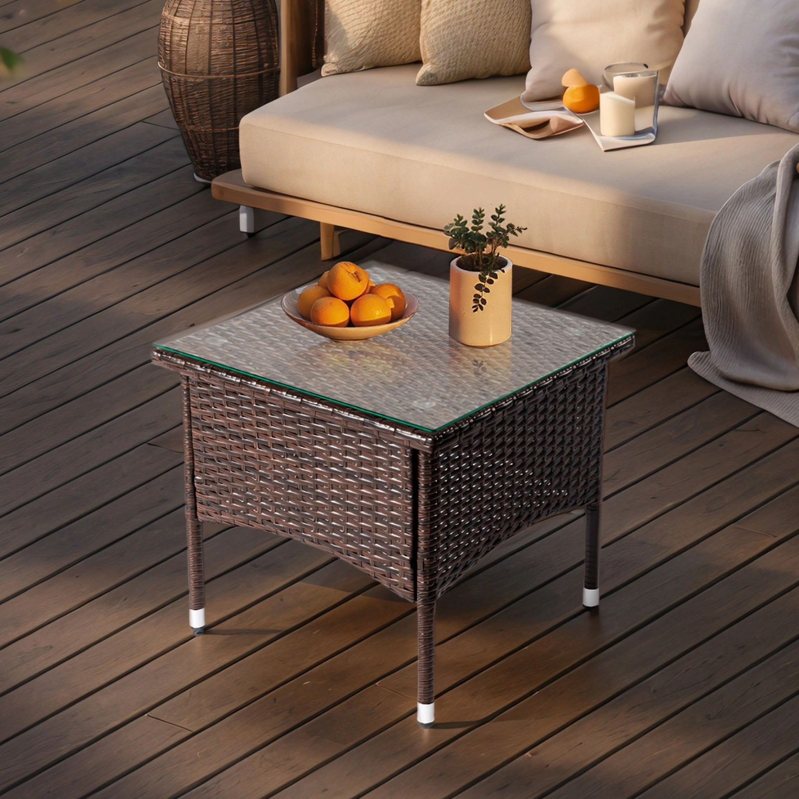 20 Inch Patio Side Table Outdoor, Wicker Square End Table with Glass Top, All-Weather Rattan Coffee Table for Backyard Deck Porch Poolside, Brown view 11