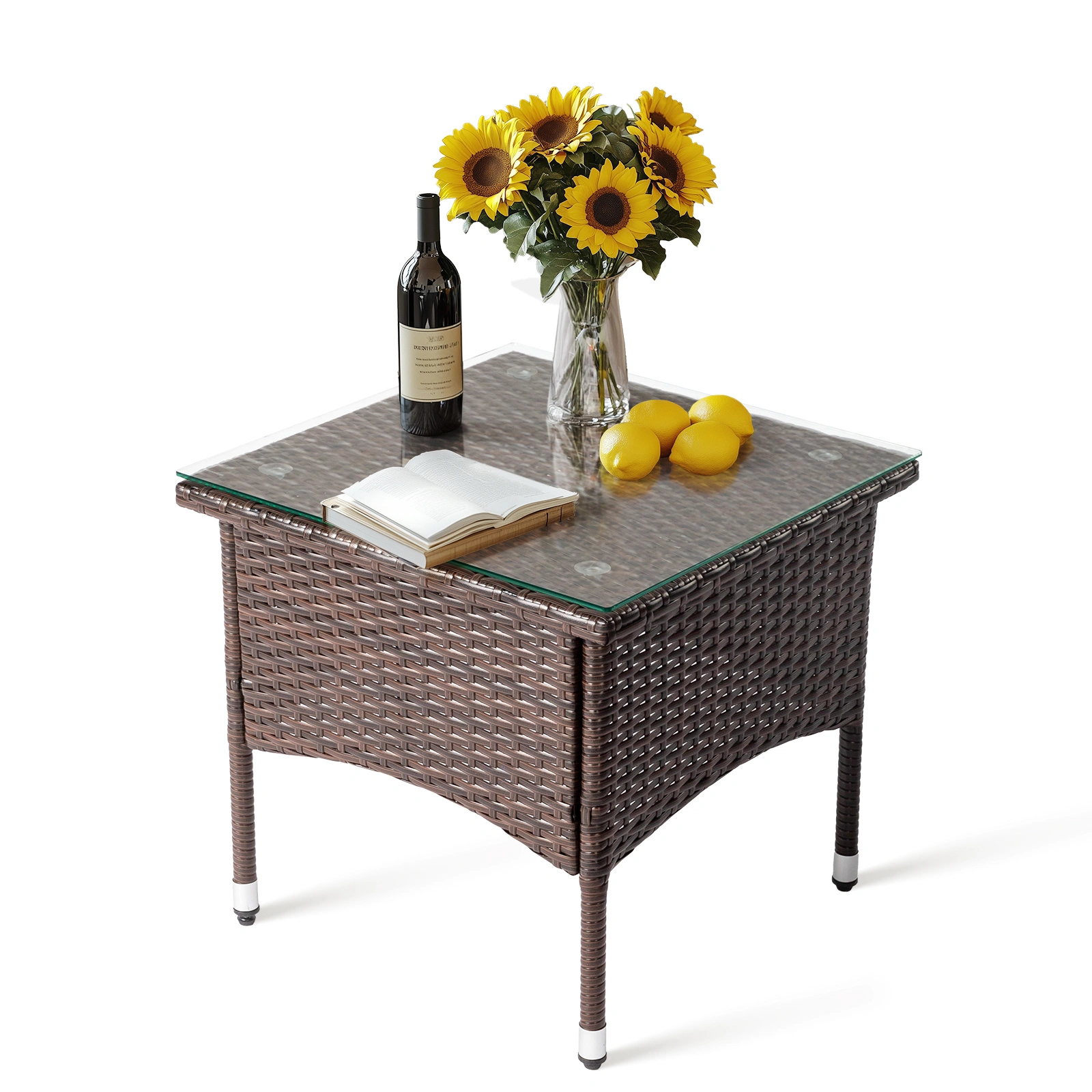 20 Inch Patio Side Table Outdoor, Wicker Square End Table with Glass Top, All-Weather Rattan Coffee Table for Backyard Deck Porch Poolside, Brown view 12