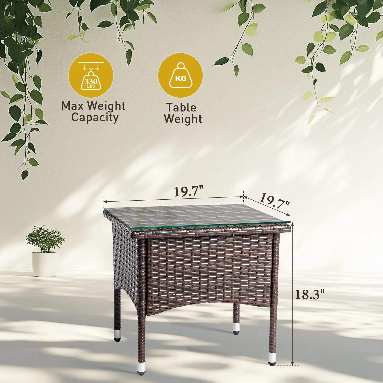 20 Inch Patio Side Table Outdoor, Wicker Square End Table with Glass Top, All-Weather Rattan Coffee Table for Backyard Deck Porch Poolside, Brown view 13
