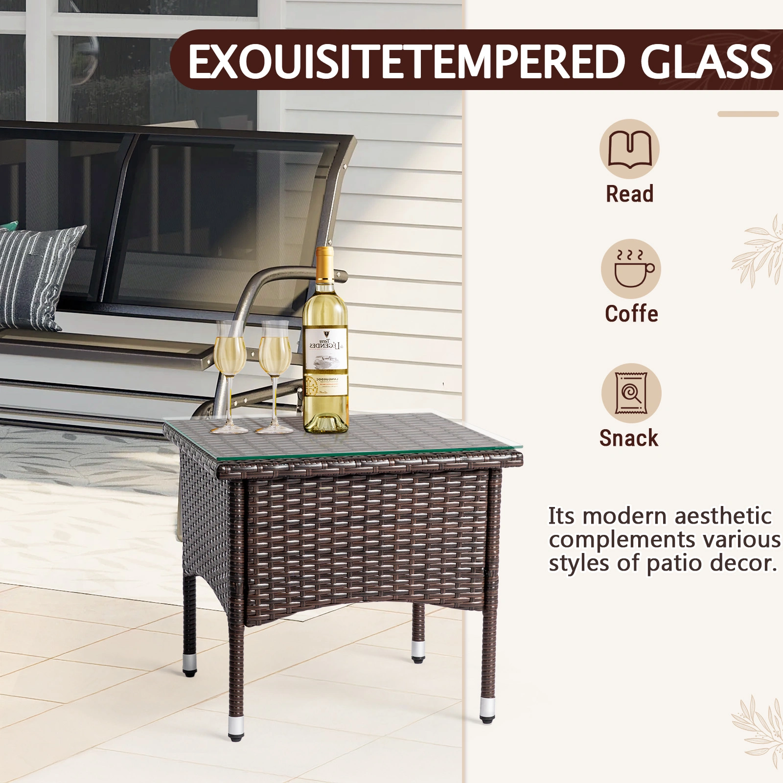 20 Inch Patio Side Table Outdoor, Wicker Square End Table with Glass Top, All-Weather Rattan Coffee Table for Backyard Deck Porch Poolside, Brown view 16