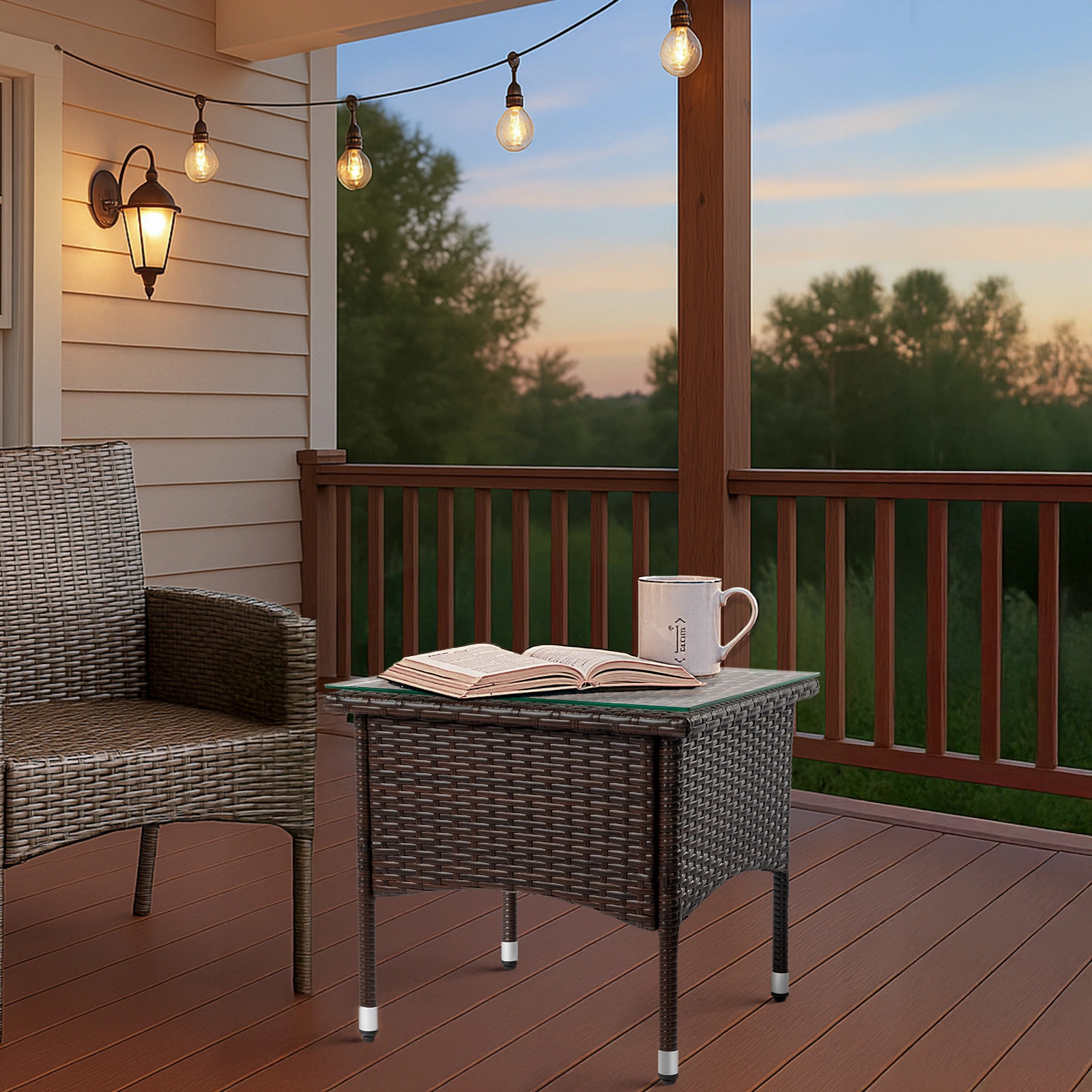20 Inch Patio Side Table Outdoor, Wicker Square End Table with Glass Top, All-Weather Rattan Coffee Table for Backyard Deck Porch Poolside, Brown view 17