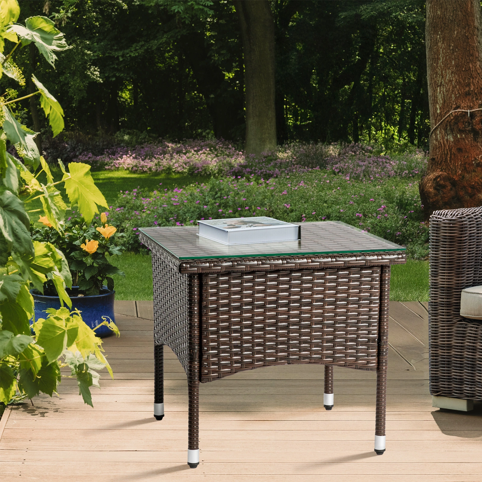 20 Inch Patio Side Table Outdoor, Wicker Square End Table with Glass Top, All-Weather Rattan Coffee Table for Backyard Deck Porch Poolside, Brown view 18