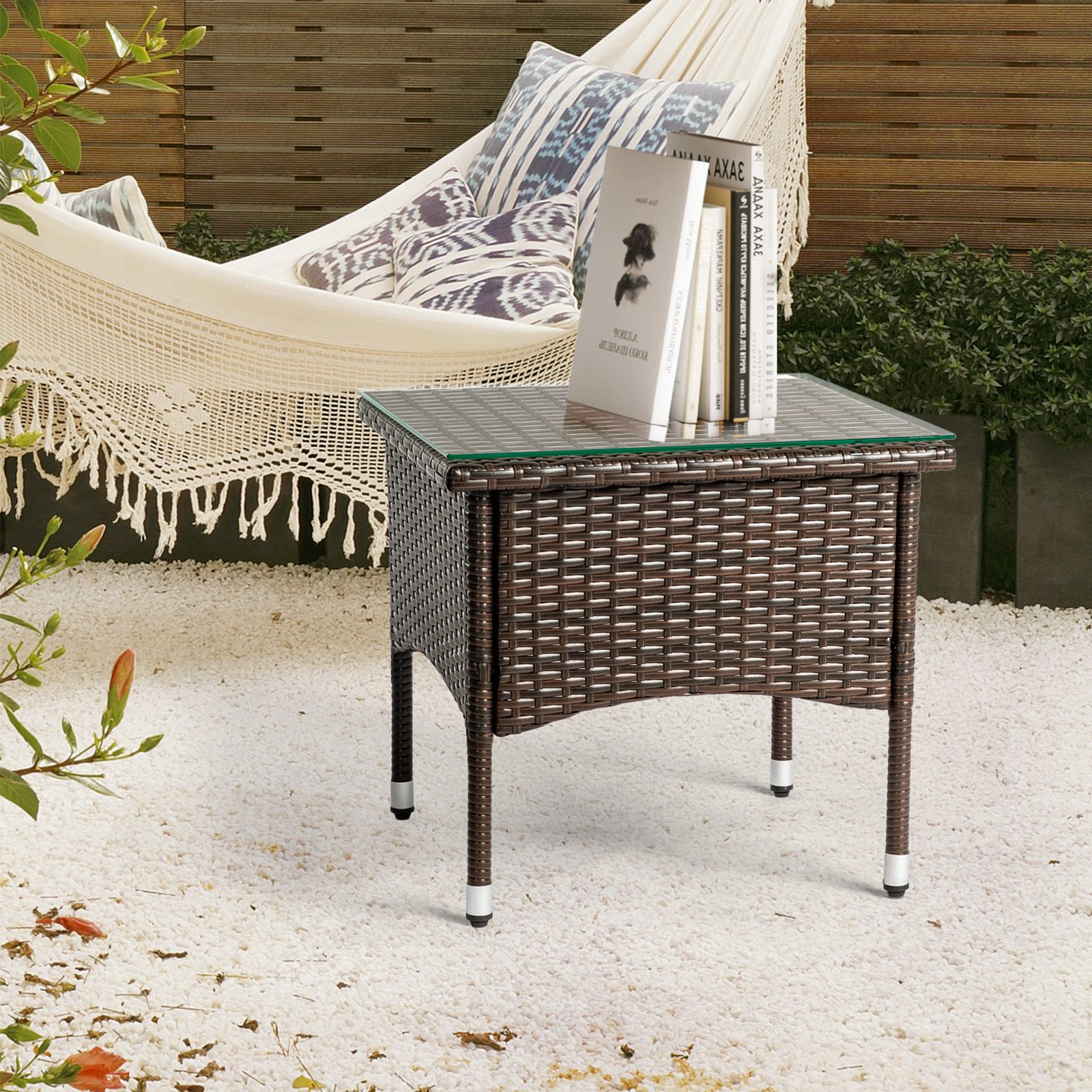 20 Inch Patio Side Table Outdoor, Wicker Square End Table with Glass Top, All-Weather Rattan Coffee Table for Backyard Deck Porch Poolside, Brown view 19